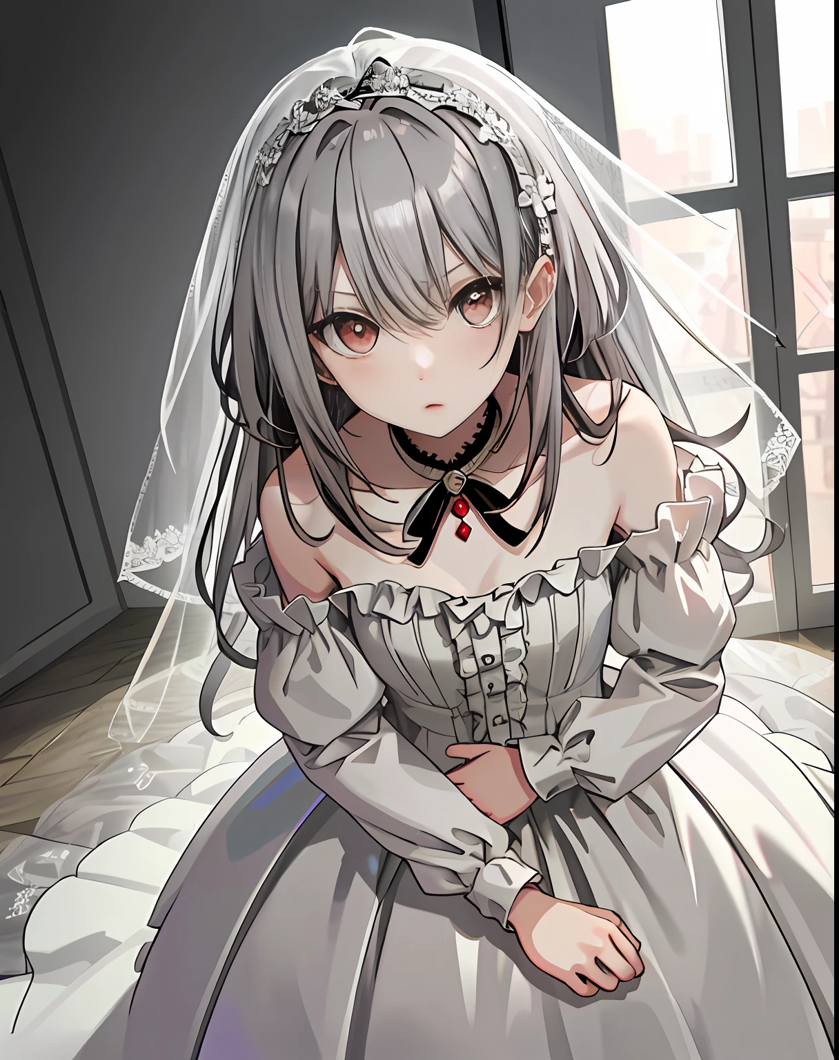 High quality girl anime wedding dress gray hair naked-eye evil charm