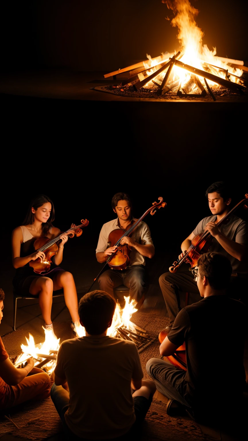 Bonfire people sitting on the floor playing viola and handclaps
