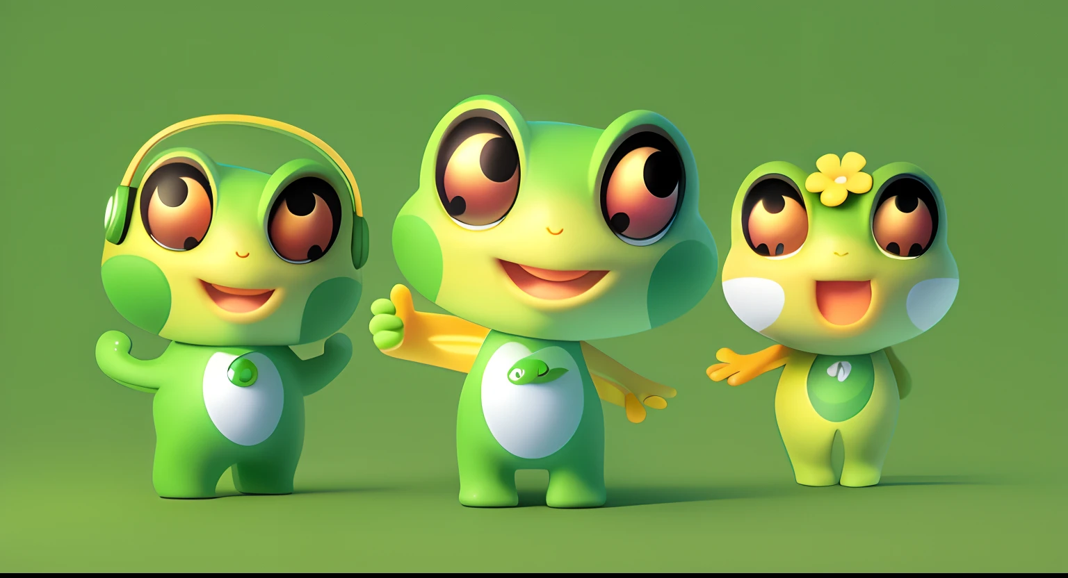 Best quality at best，tmasterpiece，A high resolution，ultraclear，simplebackground，Cartoon frog with headphones and a flower，shape of frogs，Green frog，largeeyes