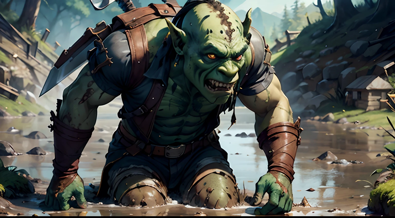solo, solo focus, masterpiece, ((exquisite_detail)), illustration, (handsome), extremely_detailed_CG, muddy Orc, holding a sword, in a muddy landscape, brown skin