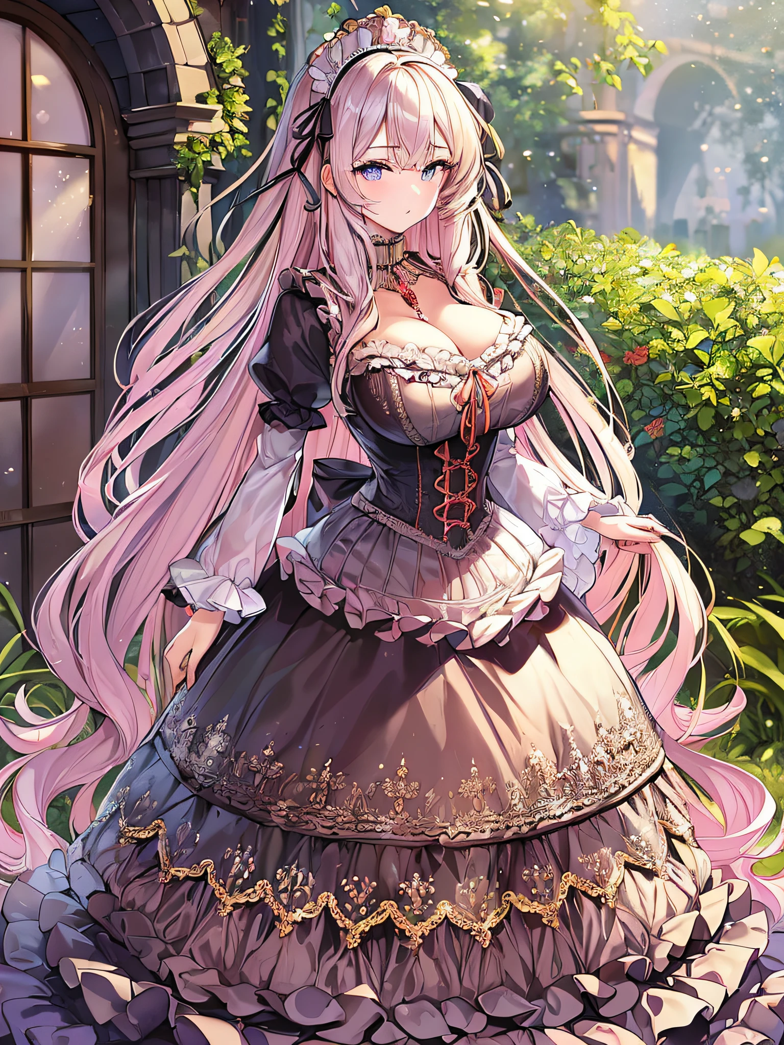 ((anime artstyle)),(Masterpiece),(Best Quality), (Super Detail),((Very Delicate and Beautiful)),(((Solo))),((full body)),(((1 princess in gorgeous ta dress with voluminous full length hoop skirt))),((standing in garden)),Long train,(bling-bling gorgeous gemstone jewelry),detailed face and eyes,jewel-like eyes,cry,((large amount of straight hair,extremely voluminous Very Long Straight Hair)),((gigantic tits,Long tits)),cleavage,(gorgeousfull embroidery and lace),gorgeous corsage,See-through,((extremely gorgeousfull loliair ornament)),bling-bling extremely gorgeousfull jeweled tiara,ornate ruffles,beautiful embroidery,(hoop skirt,crinoline),flowers, flower petals flowing,((Dynamic Angle)),Looking at viewer,((full body)),gorgeous lolita d with voluminous full length hoop skirt