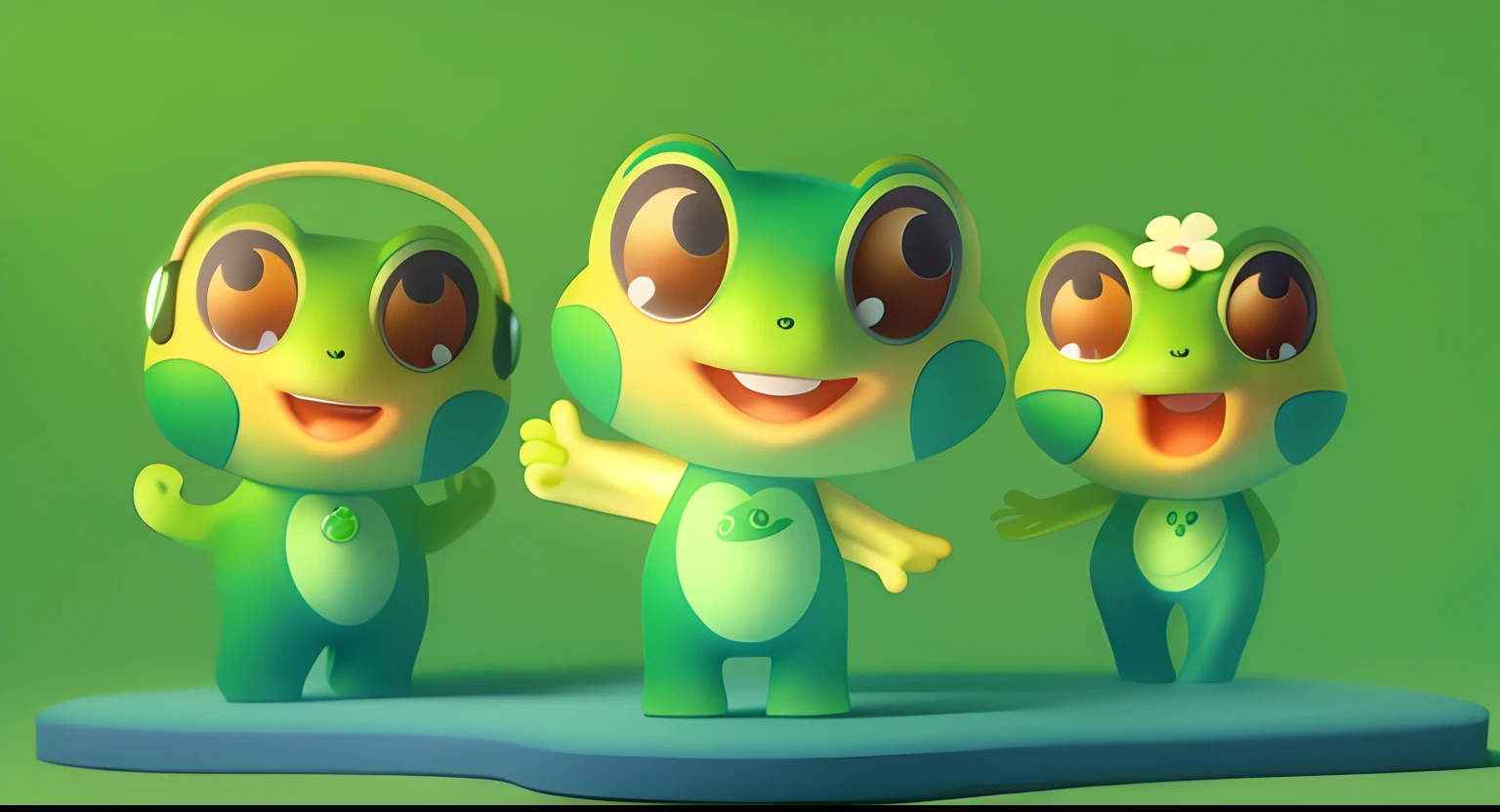 Best quality at best，tmasterpiece，A high resolution，ultraclear，simplebackground，Cartoon frog with headphones and a flower，Green frog，shape of frogs，Green frog，largeeyes