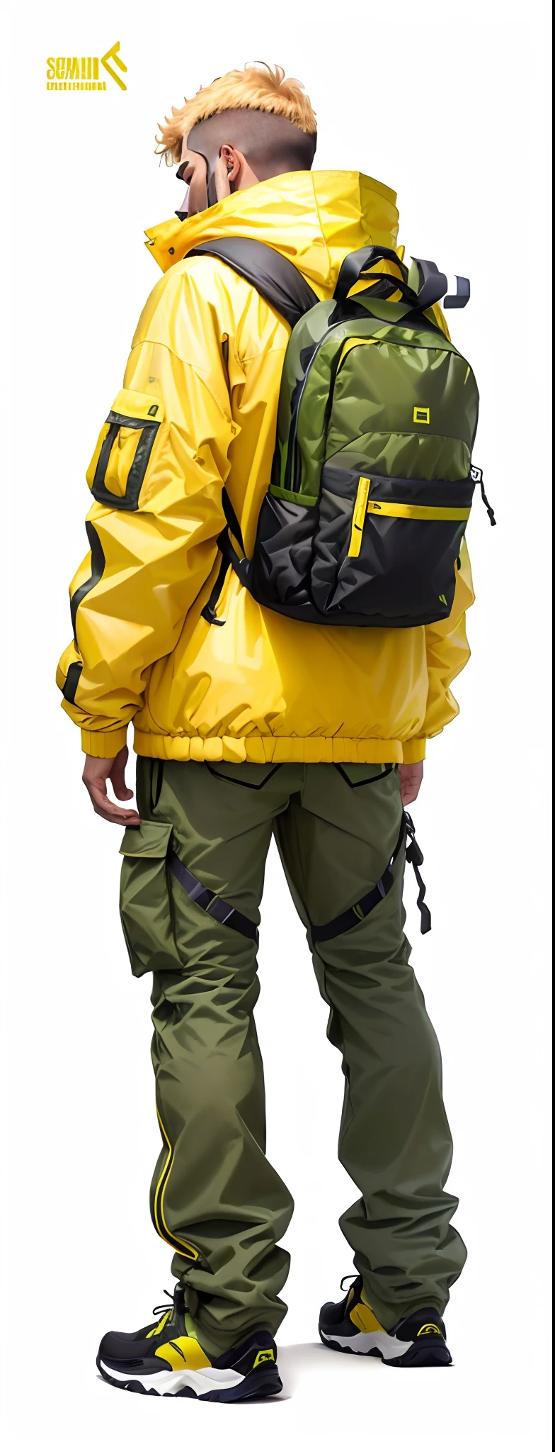 Man in yellow jacket and green pants with backpack, um homem usando uma mochila, usando equipamento de aventura, roupas de caminhada, 🤬 🤮 💕 🎀, vista de altura total, com uma mochila, saco sobre a cintura, Techwear Look e Roupas, esquema de cores amarelo e oliva, imagem vazada, pano de fundo, trending on r/techwearclothing