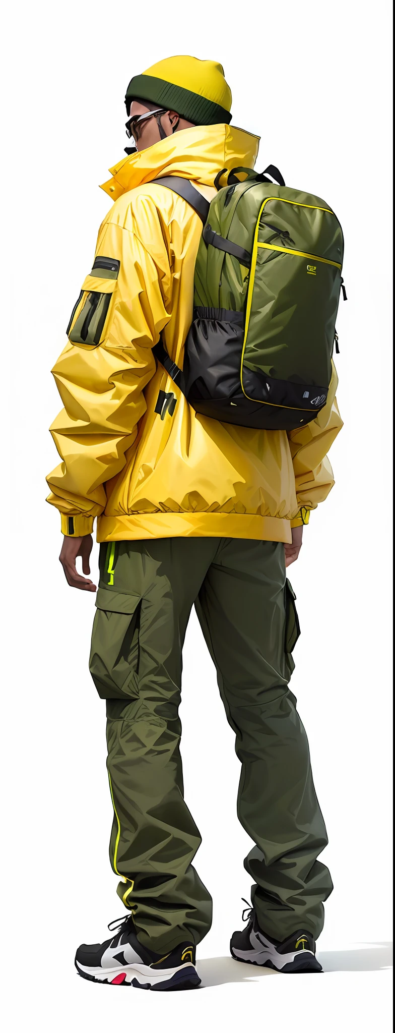 Man in yellow jacket and green pants with backpack, um homem usando uma mochila, usando equipamento de aventura, roupas de caminhada, 🤬 🤮 💕 🎀, vista de altura total, com uma mochila, saco sobre a cintura, Techwear Look e Roupas, esquema de cores amarelo e oliva, imagem vazada, pano de fundo, trending on r/techwearclothing