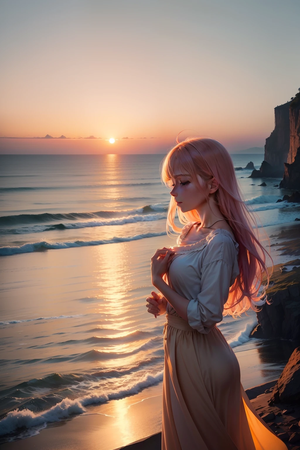 Imagine standing at the edge of a cliff overlooking a vast ocean. The sky is painted with shades of orange and pink, as the sun sets on the horizon. The water below is calm, but its surface reflects the colors of the sky, amplifying its beauty. 

Suddenly, a gust of wind comes and blows your hair back. You close your eyes and take a deep breath, feeling the wind against your face. As you exhale, you let go of your anger. You feel it slip away from you like sand through your fingers. 

As you open your eyes, you notice a group of seagulls fly by, their wings flapping gracefully against the wind. You watch as they circle around and land on a nearby rock, settling down for the night. Their soft calling sounds like music to your ears.

In that moment, you embrace gratitude. You feel thankful for the beauty surrounding you, for the chance to witness a sunset over the ocean, for the gift of being alive and present in this moment. You feel a sense of peace wash over you as you stay there, basking in the beauty of the world. 

You realize that by letting go of your anger, you were able to open yourself up to joy and gratitude. And as you stand there, leaning over the cliff, you realize that life is full of moments like these. Moments of sorrow and anger may come, but they will always be followed by moments of beauty and grace, waiting to be noticed and embraced.