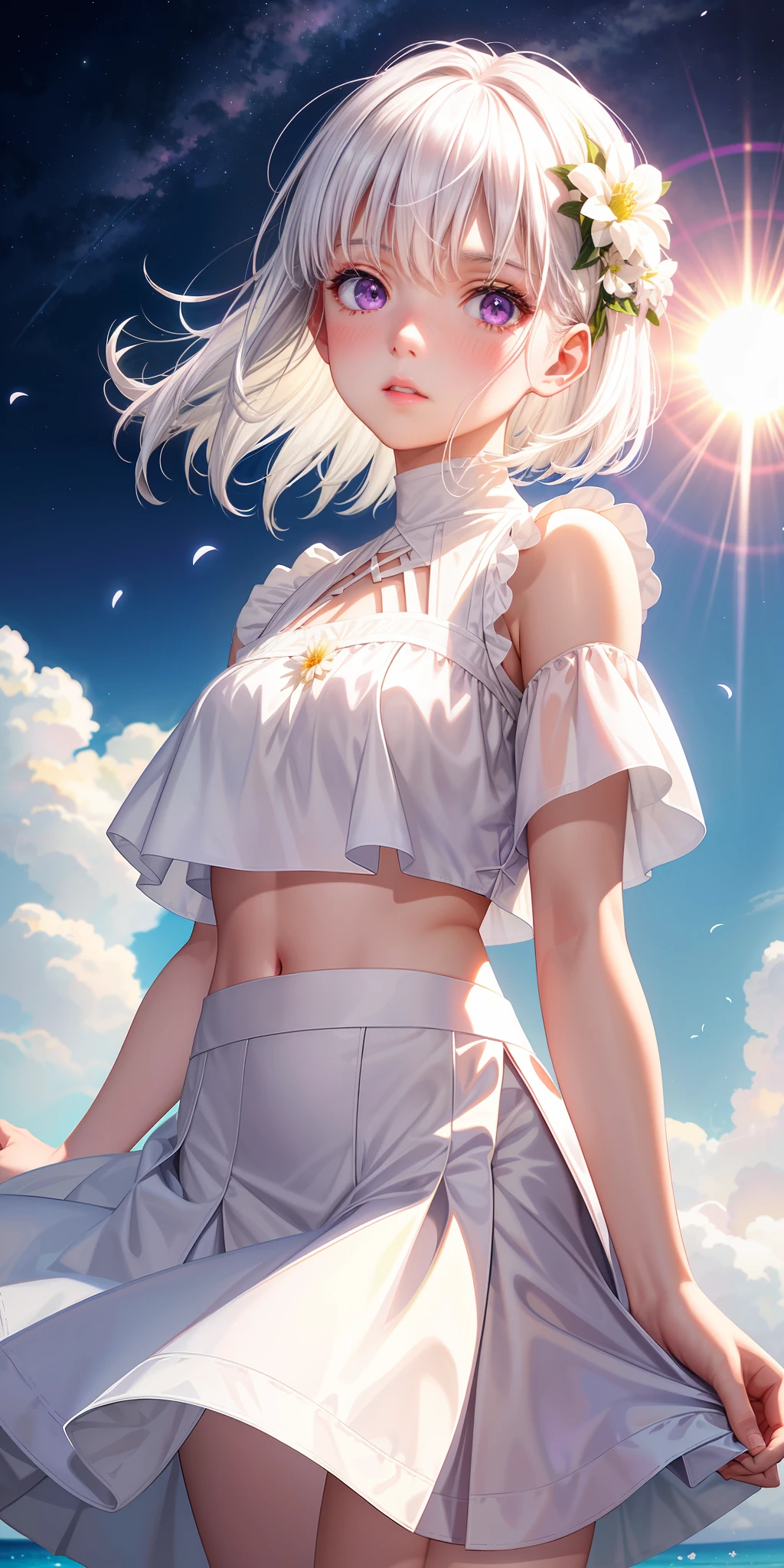 Realistic, 1girl, white hair, purple eyes, glowing eyes, cropped top, skirt, parted lips, blush, night, flowers, sun, sunlight, white skirt, short skirt, medium length hair, real, warm colors, white short Dress, white clothes, light background color, day environment, bright color background, saudi, ocean, cute,