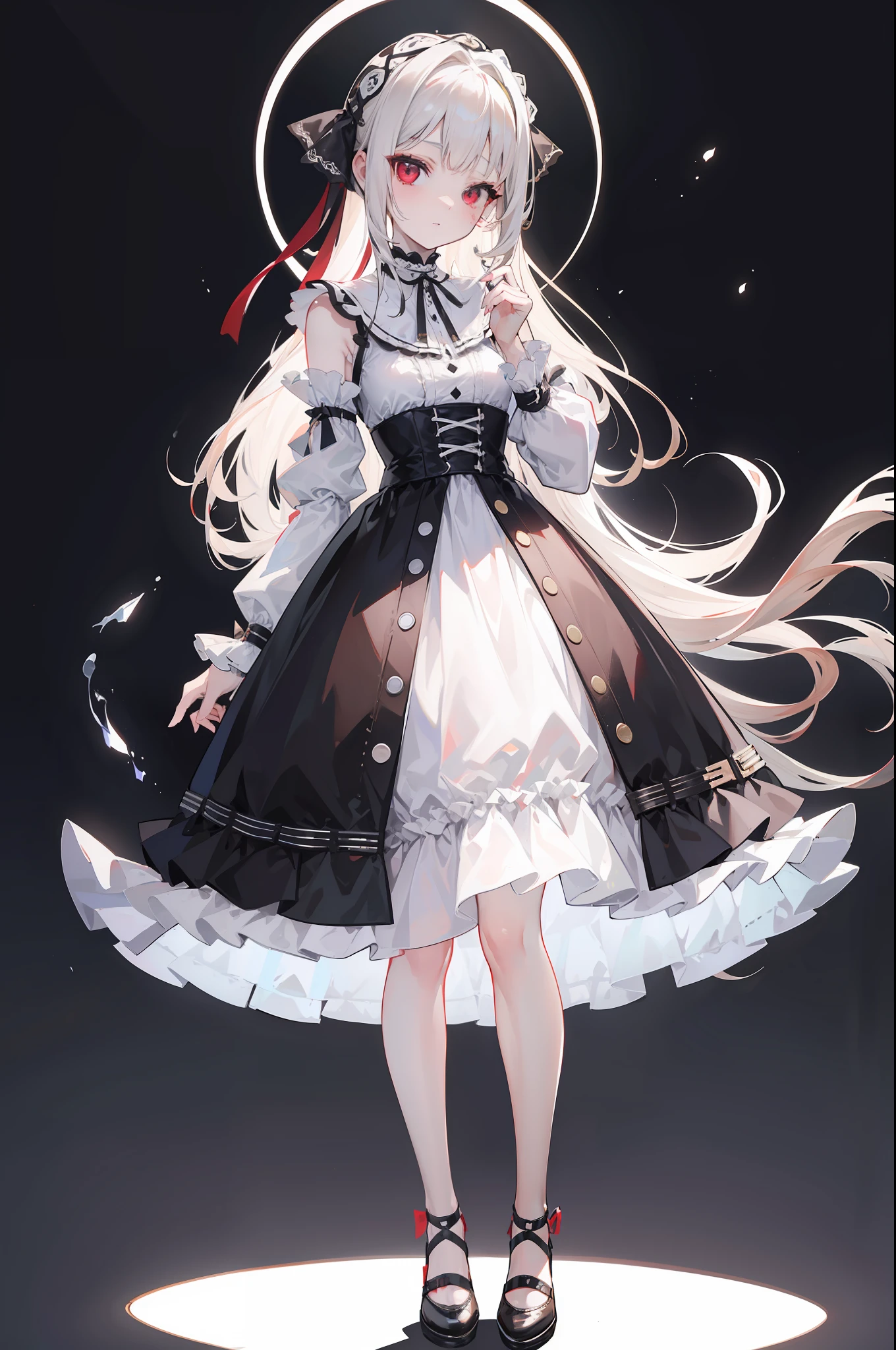 Background white、white backgrounid、(top-quality、8K、masterpiece:1.3) Highly detailed facial and skin texture、full body Esbian、very delicate red eyes、二重まぶた、de pele branca、length hair、(with round face:1.5)、A dark-haired、Black Goth ta Dress、Hair Ribbon、Smiling、front facing、Full-body image from head to toe、erect through、Stand straight、Standing picture to the tip of the shoe、Beautie