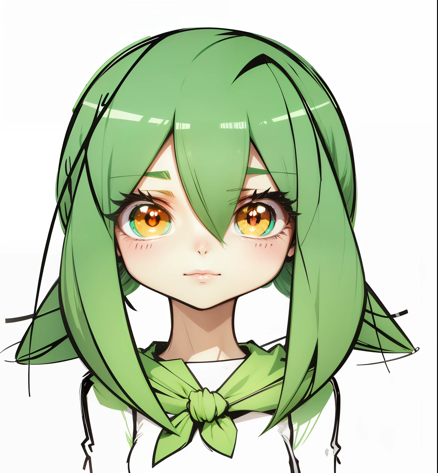 Green hair,cartoony,adolable,Kizi,neuter,A pair of elongated antennae,Cockroach girl,Orange eyes,Clear scarf,Short double ponytail at the back of the head,Flat pupils