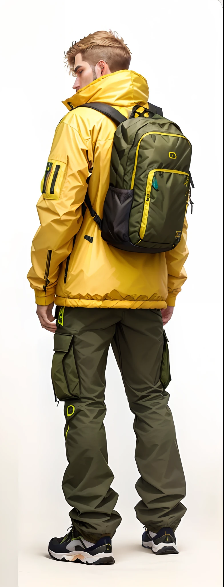 Man in yellow jacket and green pants with backpack, um homem usando uma mochila, usando equipamento de aventura, roupas de caminhada, 🤬 🤮 💕 🎀, Vista de altura total, com uma mochila, saco sobre a cintura, Techwear Look e Roupas, esquema de cores amarelo e oliva, imagem vazada, pano de fundo, trending on r/techwearclothing