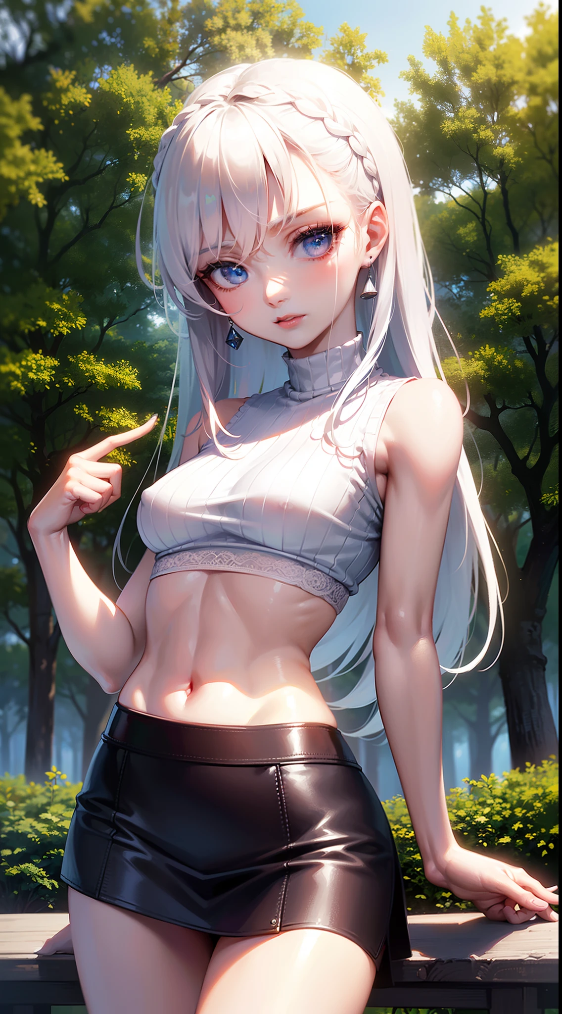 high quality fingers, normal hands, detailed fingers,masterpiece, (realistic, photo-realistic:1), (22 years old woman), medium breast, small waist, white hair, blue eyes, beautiful face, perfect illumination, beautiful detailed eyes, stunningly beautiful woman, detailed hairstyle, detailed background, forest park, ((miniskirt)), ((crop top)), tight clothing, ((erect nipples see through cloth:0.8))