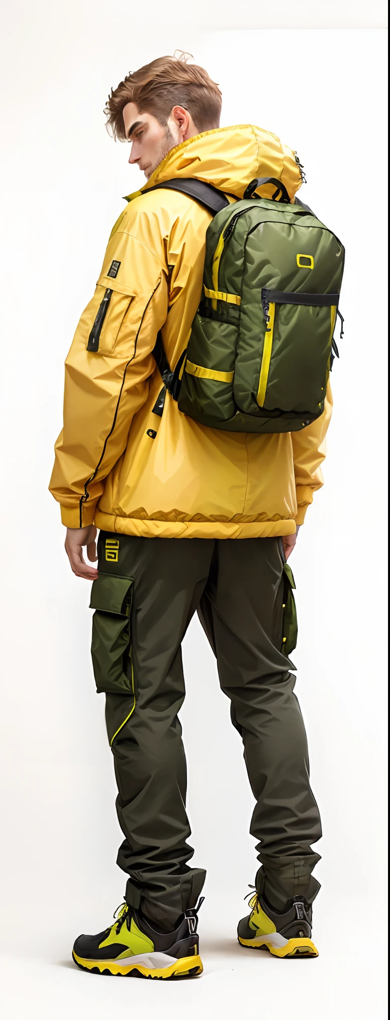 Man in yellow jacket and green pants with backpack, um homem usando uma mochila, usando equipamento de aventura, roupas de caminhada, 🤬 🤮 💕 🎀, Vista de altura total, com uma mochila, saco sobre a cintura, Techwear Look e Roupas, esquema de cores amarelo e oliva, imagem vazada, pano de fundo, trending on r/techwearclothing