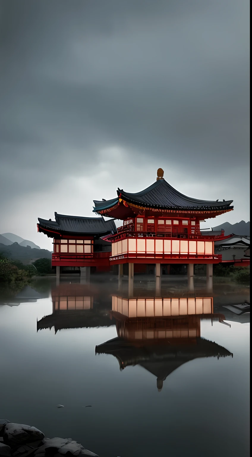 Single row of Chinese villas，Brilliantly lit，Dream Chinese town，Stunning wallpapers，Surreal town photos，Ancient Asian village，Japan city，Raymond Han，rainy evening，Cyberpunk ancient Chinese castle，The lighting of the building is beautiful，Evening in the night rain，Beautiful and aesthetic，photography of，cinematic ligh，8K high detail，very heavy rain，One-sided villa