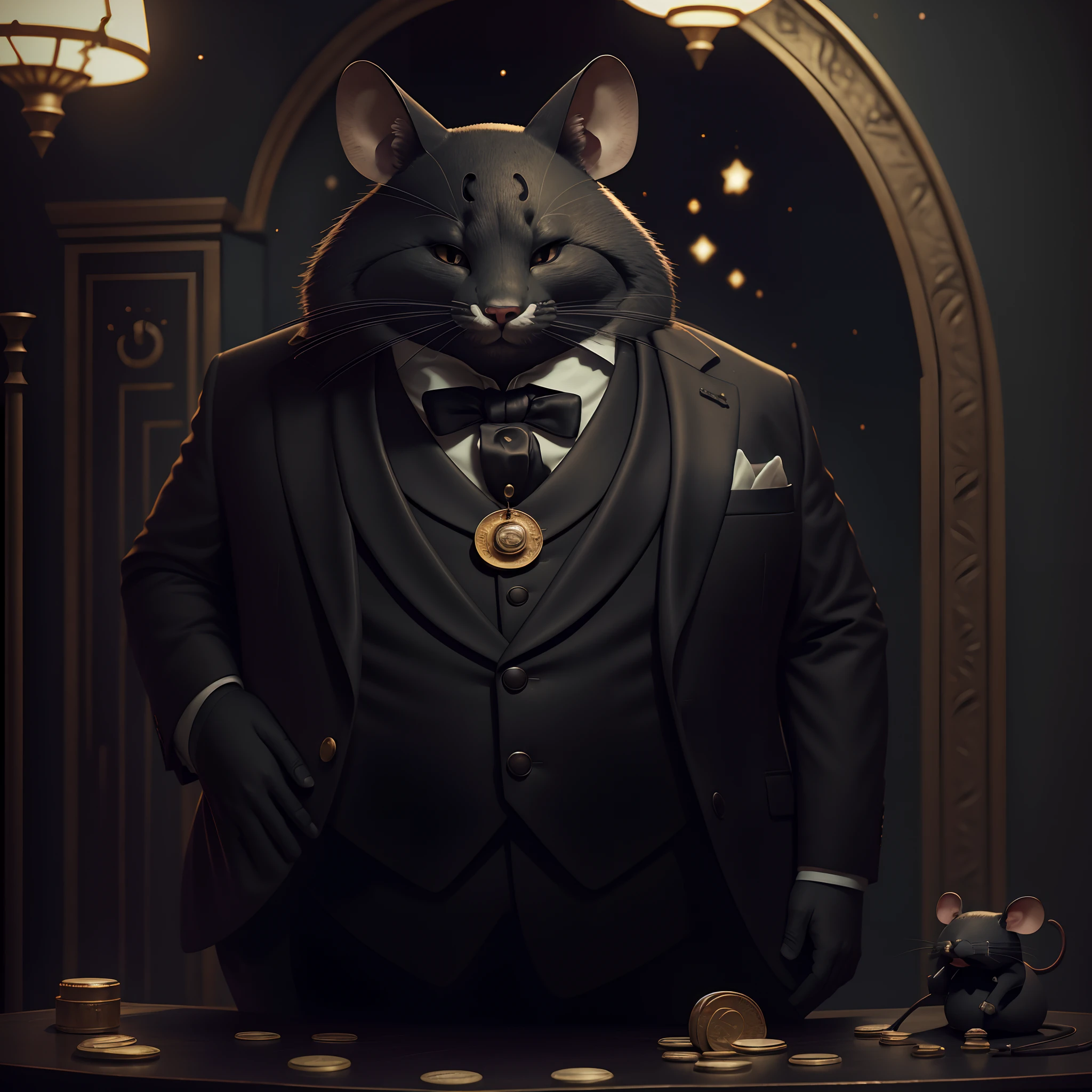 Mice in the zodiac, Fat, No_Humanity, Depth of field, Disney style, Dark_glam, dressed in a suit, deepshadow, (Dark: 1.4), (8K, RAW photo, Best quality, Masterpiece: 1.2),Holds a coin in his left hand,Detailed mouse head