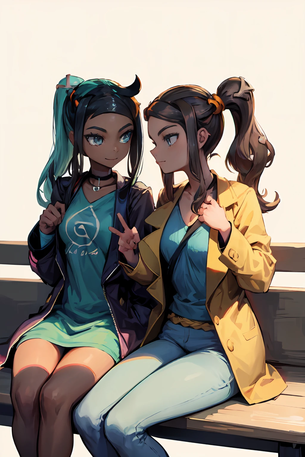 Two girls, couple, Sonia and Nessa, smiling brightly. Sonia has a charming side ponytail adorned with a heart-shaped hair ornament, complementing her ( brown eyes:1.6 ). She also has eyewear resting atop her head, adding a touch of style. Wearing a sleek trench coat and pants, she exudes a cool and confident aura. Nessa, with her beautiful dark skin, radiates elegance. Her hair is styled in a single bun, adding to her unique charm.