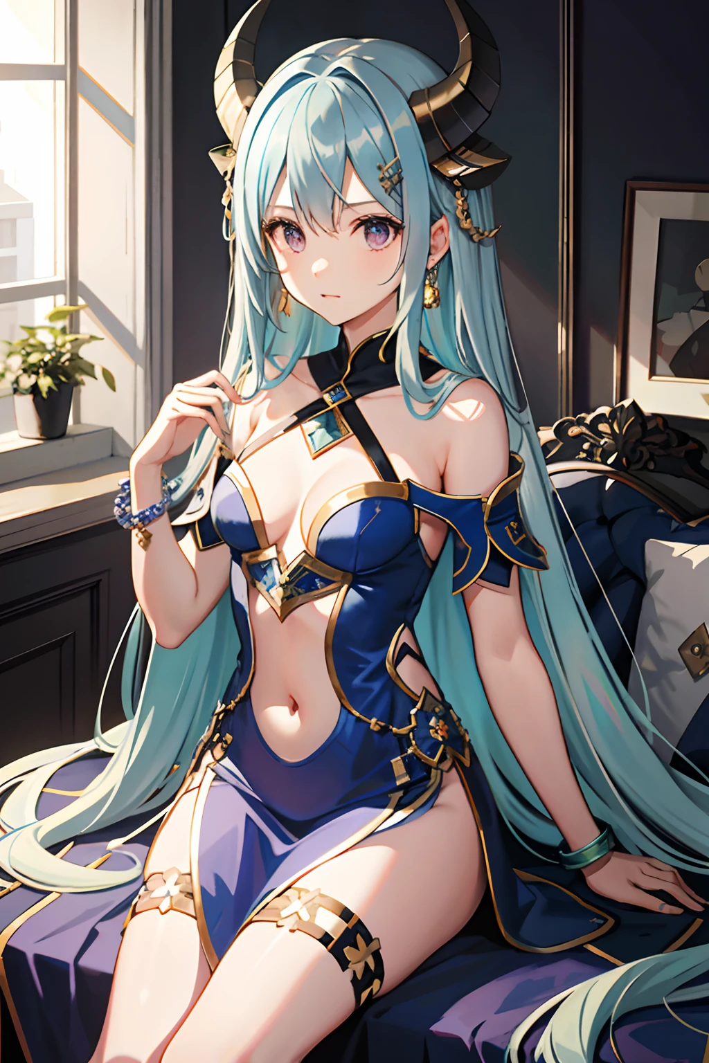 Blue Archive, Hina (Blue Archive), 1girll, bangs, Closed mouth, whaite hair, hair adornments, hair pin, Halo, Horns, Long hair, Parted bangs, Purple eyes, Small breasts, Solo, Very long hair, Bracelet, From_Side, jewelry, Looking_at_peeping at the viewer, Open_Mouth, Solo,