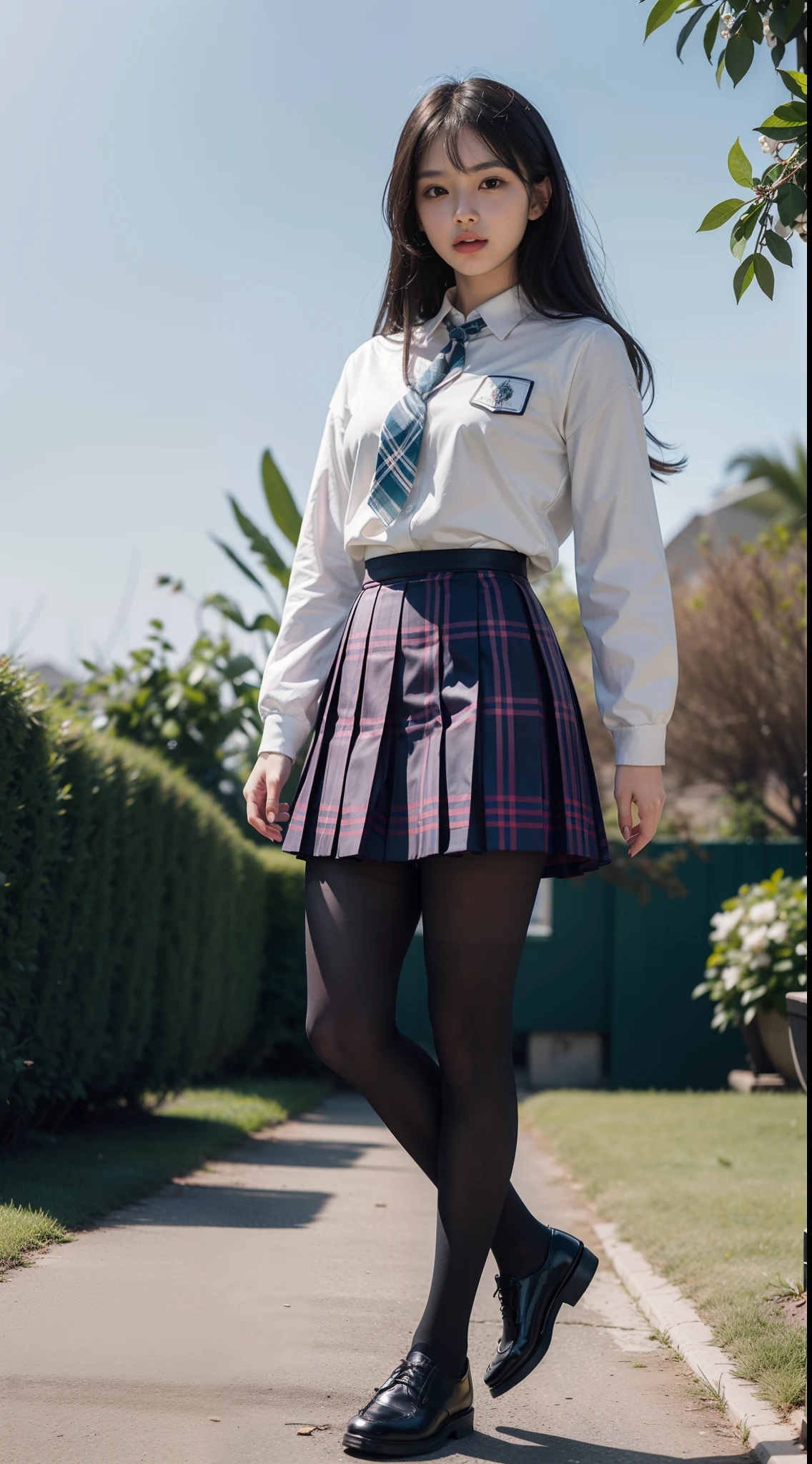 (full body:1.5)，(looking at viewer:1.4)，(anatomy correct:1.3)，(In the paradise of the day:1.3),(Wearing Very thick Pantyhose and JK student uniform plaid pleated skirt and JK uniform leather shoes :1.3), (A high jump posture:1.3),(In pink|amarelo|blue colors|green color|red colour|white colors|black in color|purpleish color|greys|Beige|Flesh color 1.4)，,(Accurate and perfect face:1.4),(Clothing Gloss:1.25),(Skin reflection:1.25)A shallow laugh,,hyper HD, Ray traching, reflective light，structurally correct, Award-Awarded, high detal, lightand shade contrast, Face lighting，cinmatic lighting, tmasterpiece, super detailing, high high quality, high detal, best qualityer, 16k，high contrast,