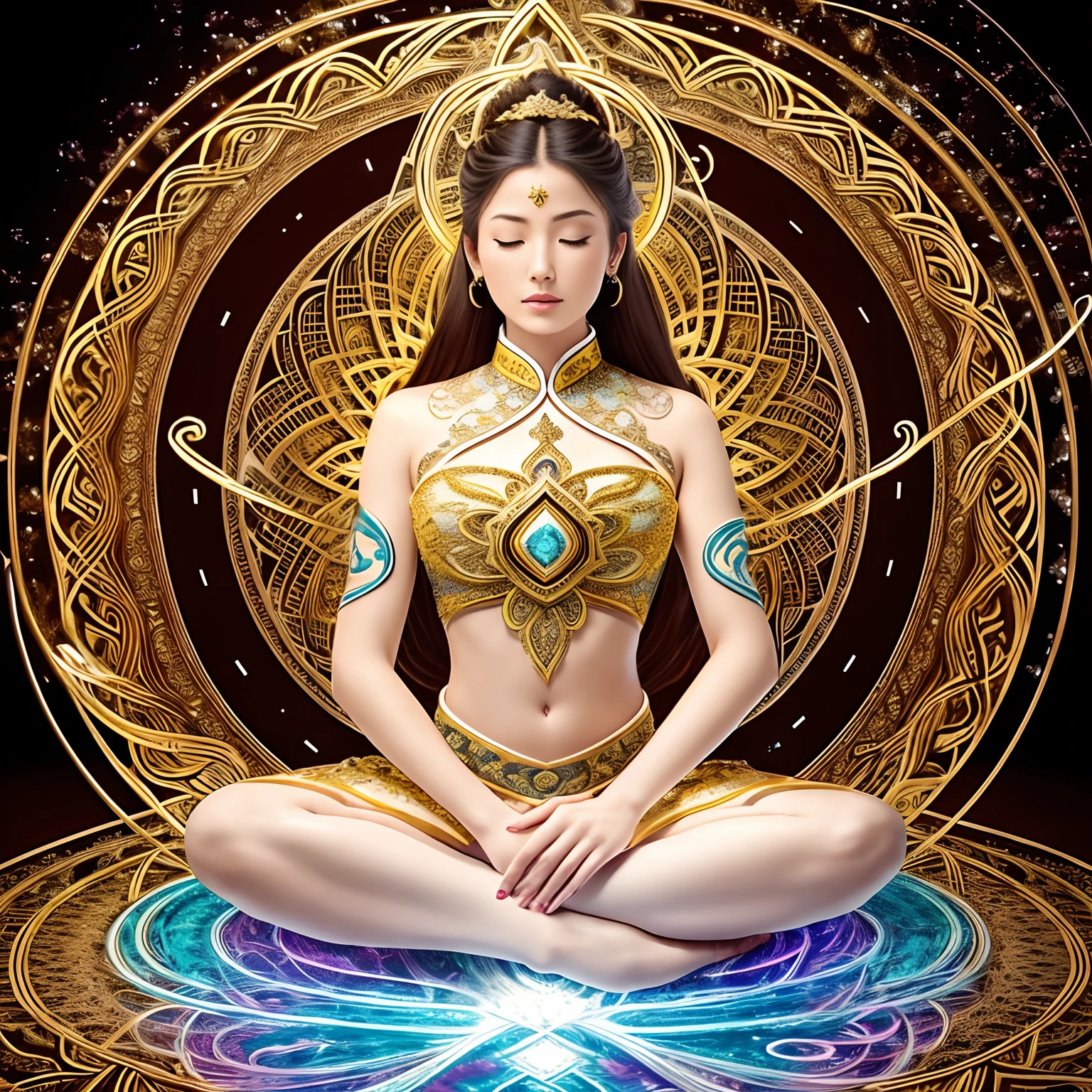 official art, unity 8k wallpaper, ultra detailed, beautiful and aesthetic, masterpiece, best quality, (zentangle, mandala, tangle, entangle), (fractal art:1.3) , light painting, vibrant colors, captivating patterns, creative experimentation,
(1woman:1.2),solo,45 y.o,(Guanyin Bodhisattva:1.1), full body (White silk attire:1.2), Intricate adornments,(halo background:1.1), Front-facing,(style-swirlmagic:1.0),white color scheme, casting a spell, closed eyes, sparks, surrounded by yellow lightning, casting spell, ([Cyberpunk fusion|Chinese Mythical fantasy]:1.1) , reflections, puddle, (cross-legged),(Sitting  on a lotus:1.1), , movie-like lighting, ethereal portrait, (thick melting magic:0.8), yellow arcane symbols,  bloom,torino aqua,
