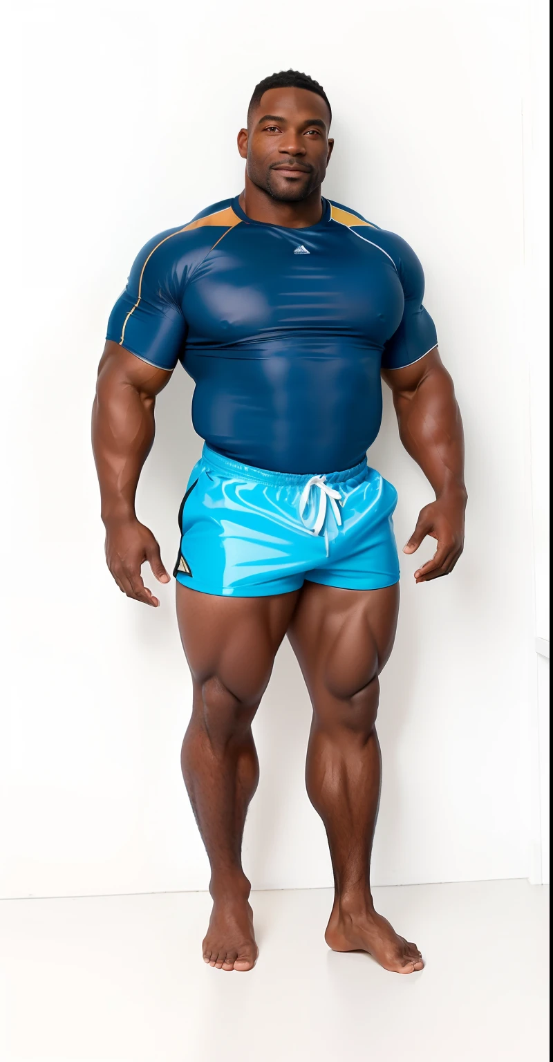 Masterpiece, black man, muscular, 35 years old, wearing a deep blue top Lycra swimming gear, baby blue short shorts, tan and shinny skin, no shoes, swimming teacher