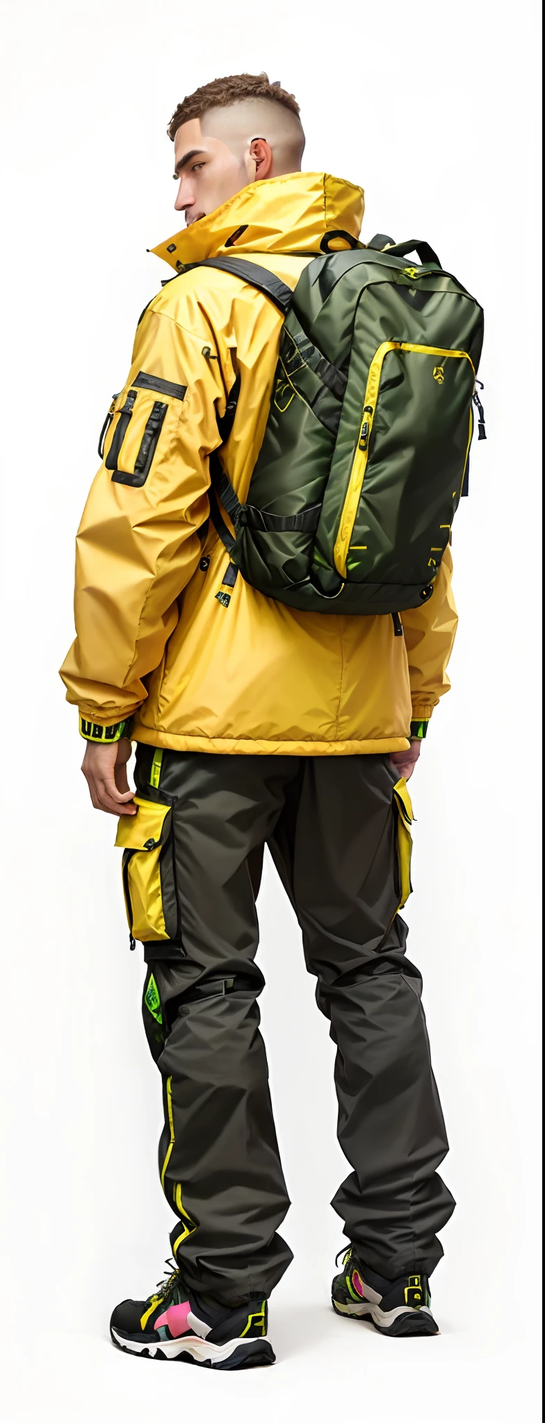 Man in yellow jacket and green pants with backpack, um homem usando uma mochila, usando equipamento de aventura, roupas de caminhada, 🤬 🤮 💕 🎀, Vista de altura total, com uma mochila, saco sobre a cintura, Techwear Look e Roupas, esquema de cores amarelo e oliva, imagem vazada, pano de fundo, trending on r/techwearclothing