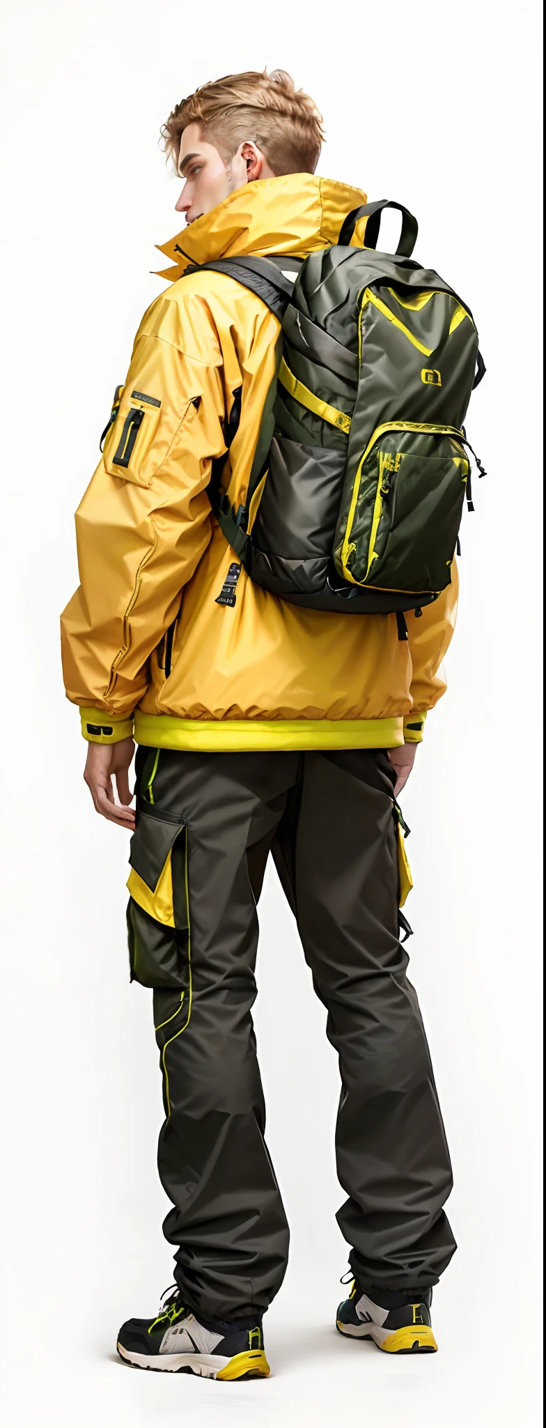 Man in yellow jacket and green pants with backpack, um homem usando uma mochila, usando equipamento de aventura, roupas de caminhada, 🤬 🤮 💕 🎀, Vista de altura total, com uma mochila, saco sobre a cintura, Techwear Look e Roupas, esquema de cores amarelo e oliva, imagem vazada, pano de fundo, trending on r/techwearclothing