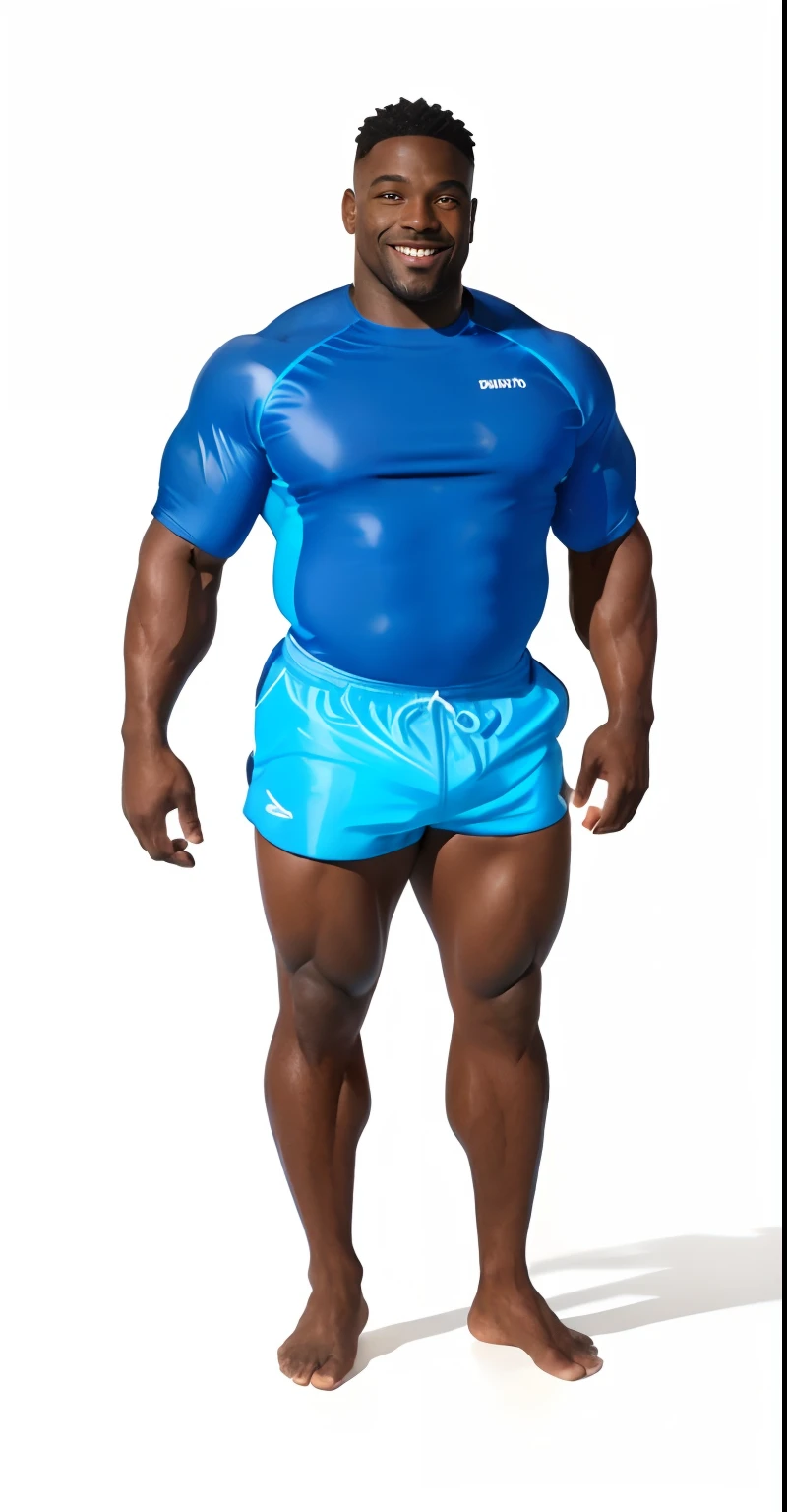 Masterpiece, black man, muscular, 35 years old, wearing a deep blue top Lycra swimming gear, baby blue short shorts, tan and shinny skin, no shoes, swimming teacher