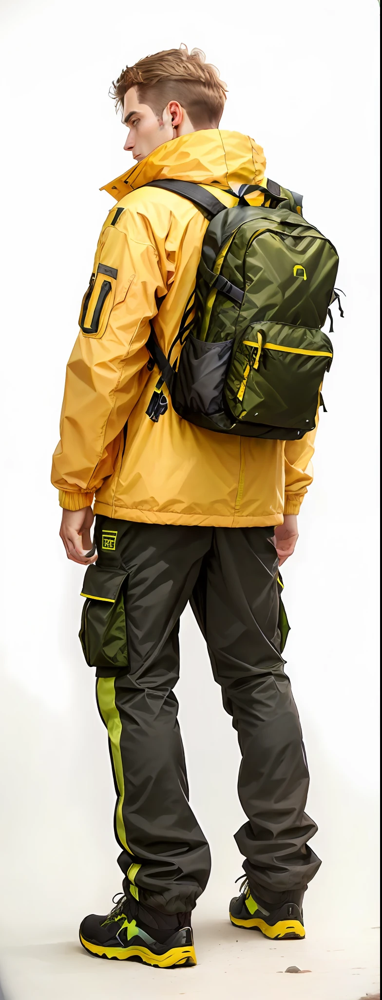 Man in yellow jacket and green pants with backpack, um homem usando uma mochila, usando equipamento de aventura, roupas de caminhada, 🤬 🤮 💕 🎀, Vista de altura total, com uma mochila, saco sobre a cintura, Techwear Look e Roupas, esquema de cores amarelo e oliva, imagem vazada, pano de fundo, trending on r/techwearclothing