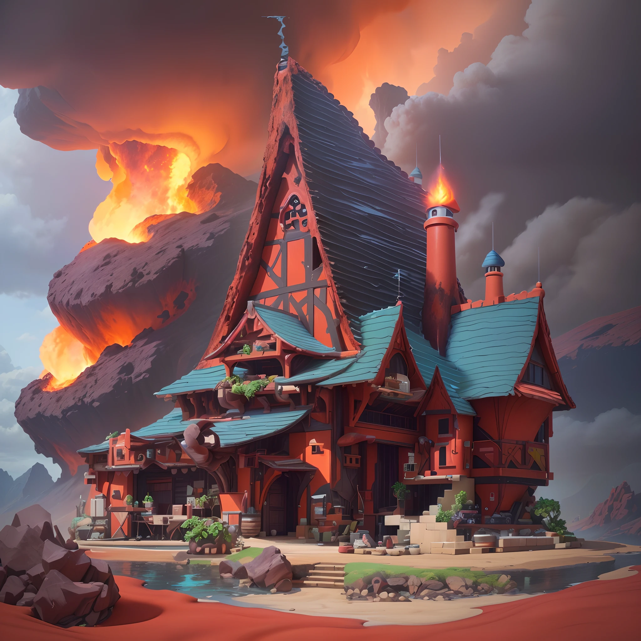 The entire building is surrounded by magma as if erupting from the ground, isometric, 3D rendering, very high definition, high detail, 8k, cinematic lighting, ultra high resolution, game asset masterpiece, best quality, toon, pixar style, simple design, mini sence, animal crossing, 1building, 3d, clean, Eggplant and Coral