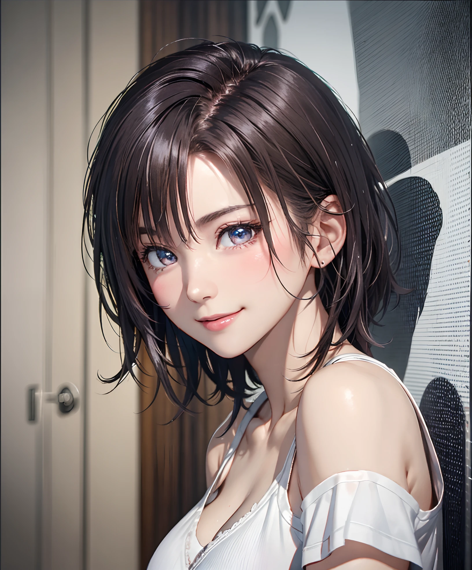 Best Quality, Ultra High Resolution, (Photorealistic: 1.4), Beautiful Eyes, Super Beautiful, Very Short Hair, Beautiful, Sweetheart, T-shirt with Rough Chest, Beautiful Soldier, Eyes That Invite Viewer, Lover's Perspective, Inviting Expression, Sexy Smile, Perfect Style, Perfect Balance, Detailed Skin, Naughty Gaze, Chest Visible