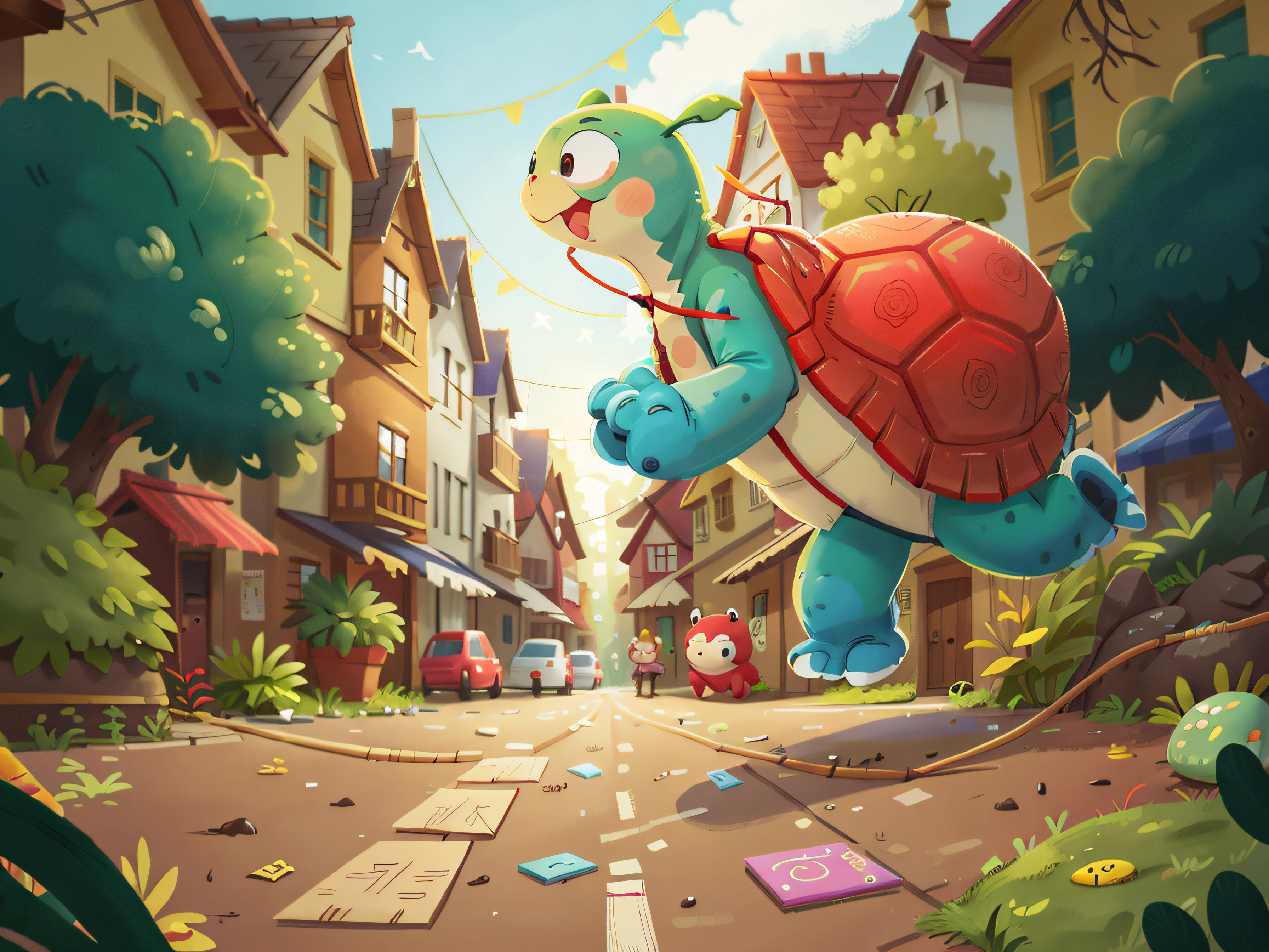 the turtle runs in the street of many houses,Perfect quality,Clear focus(Clutter - home:0.8), (tmasterpiece:1.2) (realisticlying:1.2) (bokeh) (best qualtiy) (detailedskin:1.3) (complexdetails) (8K) (detailedeyes) (Sharp focus),(having fun)