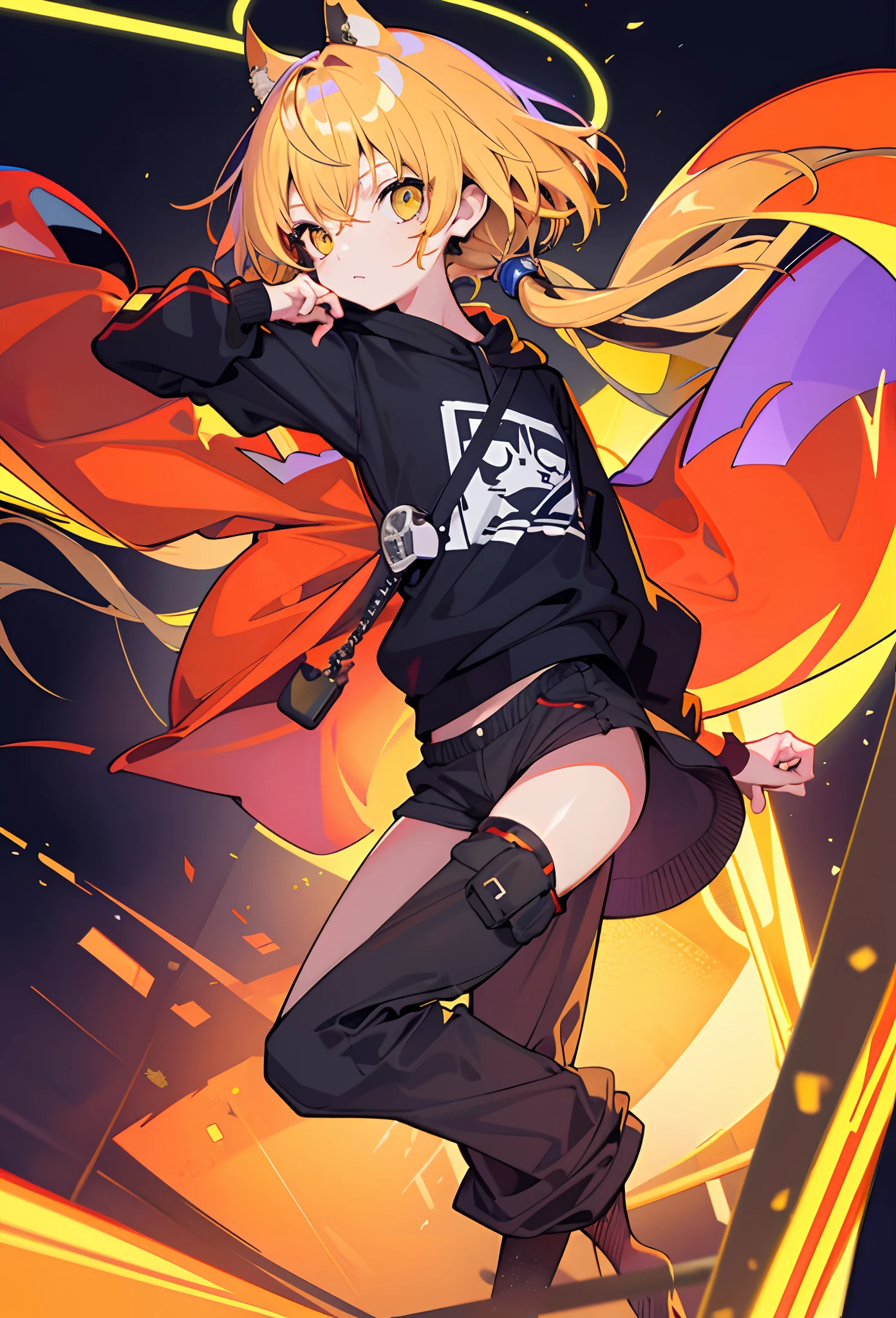 masterpiece、Flat background、without background、full body Esbian、is standing、1人、独奏、cute little、Oversized Orange Hoodie、tshirts、7-minute length pants、50mm portrait、Delicate facial features、semi - realistic、foco nítido、The ultra-detailliert、absurderes、depth of fields、neons
