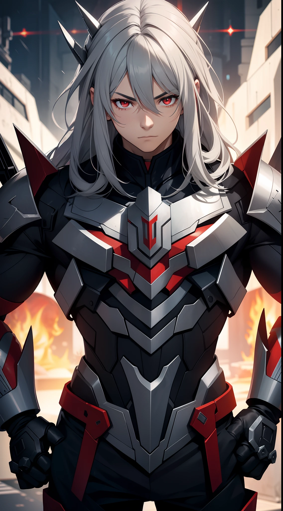 young boy, long gray hair, red eyes, The Iron Mantle of Cybertron, open torso, Iron horns, Masterpiece, hiquality