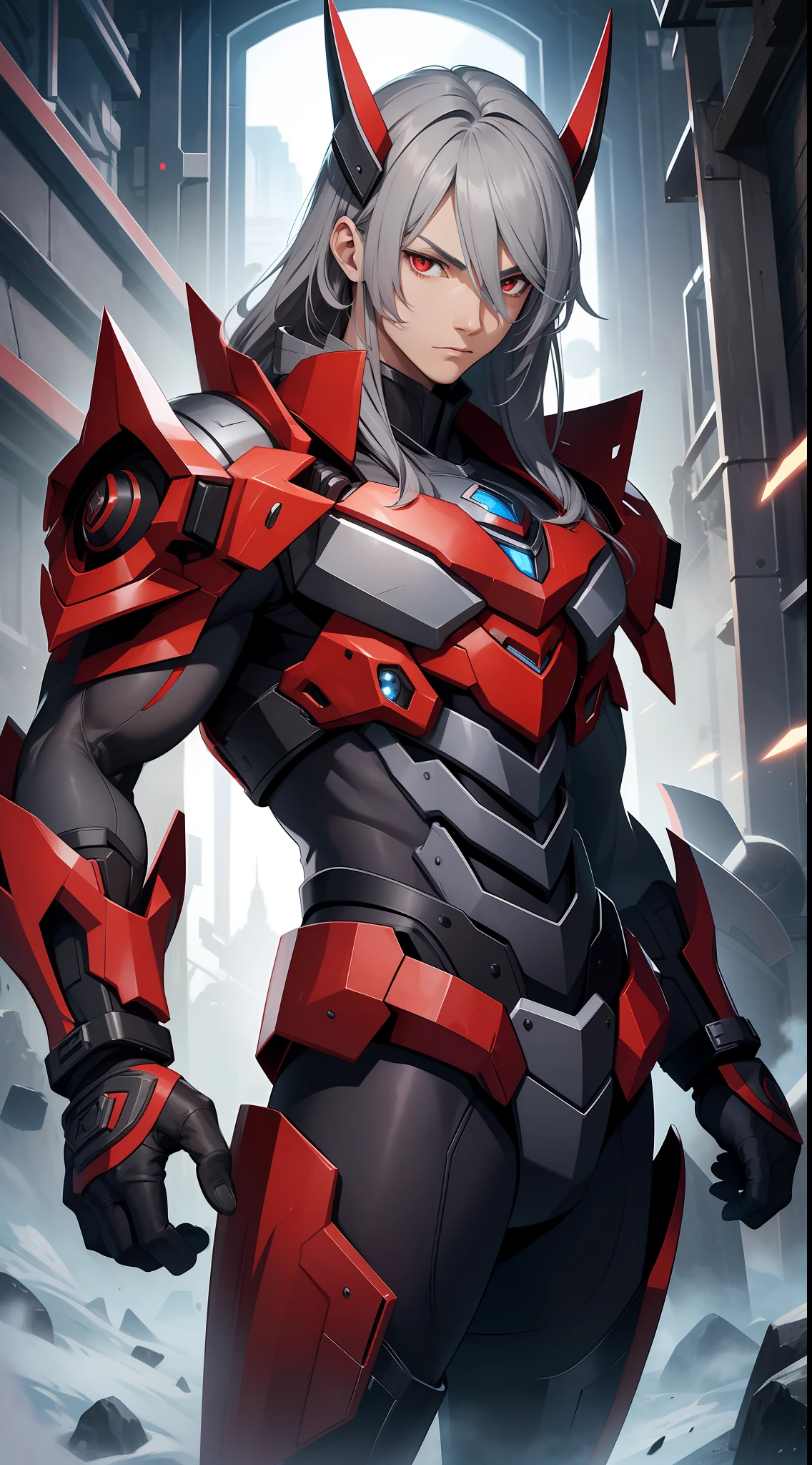 young boy, long gray hair, red eyes, The Iron Mantle of Cybertron, open torso, Iron horns, Masterpiece, hiquality
