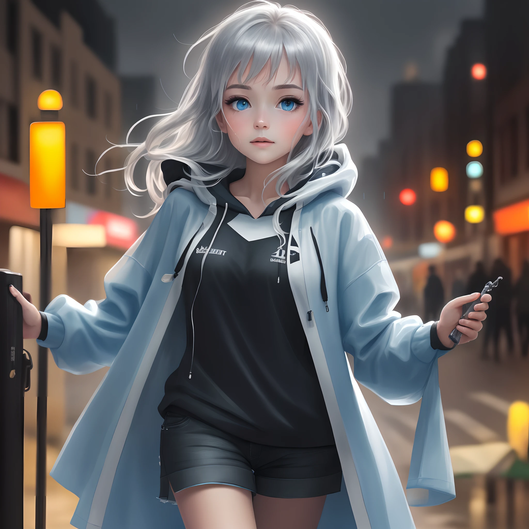 (Masterpiece:1.21), (Best Quality:1.331), ((Super Detail)), ((Superb Illustration)), ((Phenomenal)), (Ultra High Quality), Gorgeous and rich graphics,
(Very delicate and beautiful:1.21), 8K, Wallpaper, (Very beautiful lighting), Hard light, Delicate composition, (Perfect composition), (Very beautiful and detailed background:1.21), Rembrandt-inspired representation of light and shadow, Dark tones, (Understated and highly dispersive color scale), ((depth of field)), deep shadows,
Dynamic angle, from the side, upper body, radial blur,
rain, (city lights, blurred background),
(1 girl), (eyes of beautiful detail), clear blue eyes, long, silver French blade hair,
fatigue
transparent raincoat, wet clothes, wet skin, wet hair drips,
lens flare, string light, street, , masterpiece, top quality, hoodie, bob short
