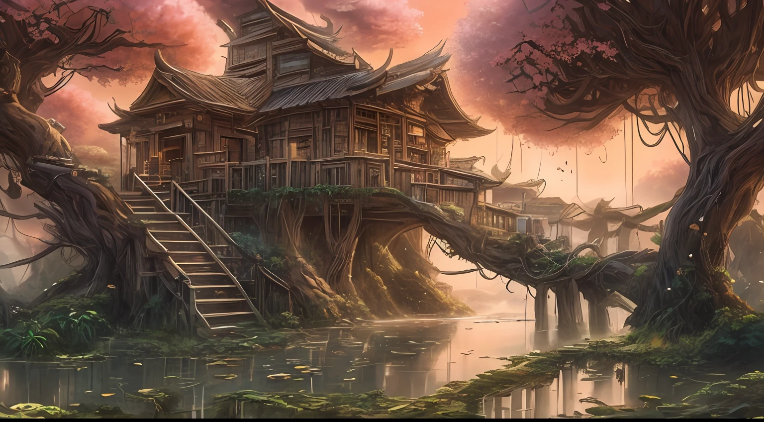 awardwinning, concept-art, fine art, Digital art, bird's eyes view,Downward view,super wide shot,Viewing angle from afar,The beauty of the ancient utopia of the East,"Quaint", "Picturesque", "Rustic", "Lush big breasts", "lawns", ((Peach blossom tree:1.2)), "Small rivers", "Many tree houses", "The tree house is connected to the tree house by a wooden bridge", ((A tree house where vines grow)), Epic, ((Cinematic lighting)), High quality, High contrast, Realistic lighting,4K textures, photolab, hdr, ((iintricate)), elegant, Highly detailed, Sharp focus, insanely details, Intricate details, ultra - detailed, Harsh movie light, Outdoor atmosphere