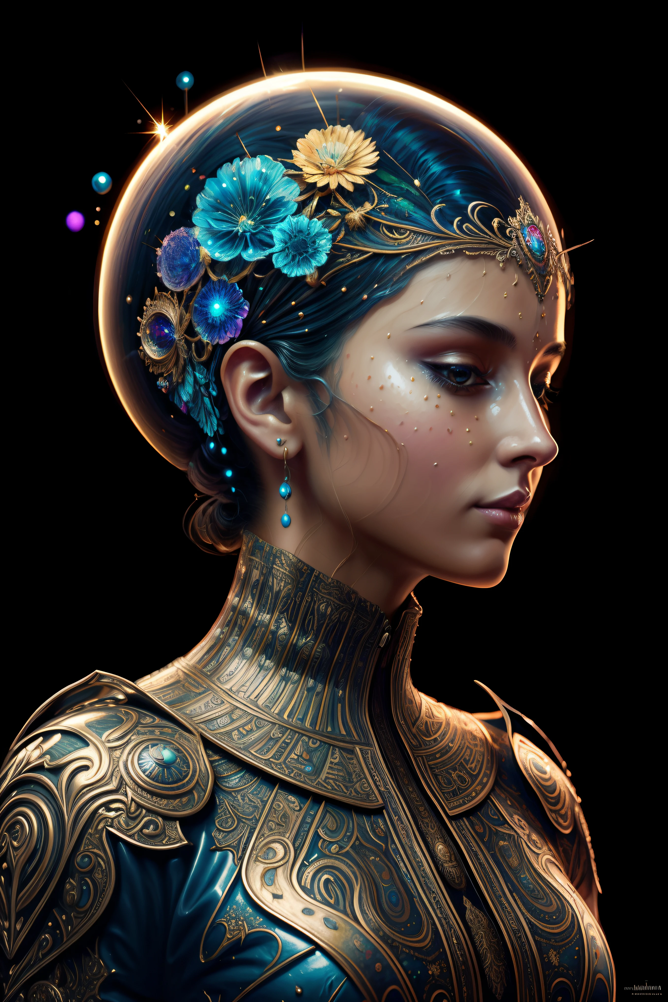 Pintura digital de una mujer joven con un tocado floreado ,Arte de Alberto Severo, salpicaduras y gotas congeladas multicolores, dream, Pintura digital surrealista , brillos tornasolados, efectos 3D, Ultra HD, obra de arte magistral ,cinematic lighting,16k Arte digital 4K altamente detallado, Pintura digital intrincada, Arte digital detallado 4K, Gran arte digital con detalles, amazing detail digital art, Arte digital extremadamente detallado, Arte digital altamente detallado, amazing digital art, Awesome Digital Illustration, hyperdetailed fantasy character, Arte digital hiperdetallado, Arte digital demasiado detallado