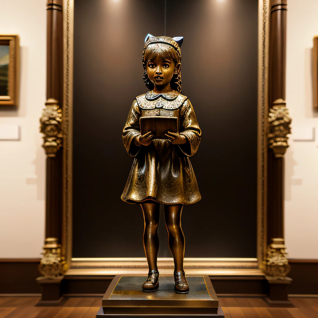1Blittle girl, ((bronze statue) One Little Girl), Photo of a little girl, dressed sober clothes, photorealestic, Realistic lighting, Realphotos, photo referenced, Detailed face, ((Realistic)), Dark background, Good lighting, With a gentle expression, Masterpiece, Best quality, In a museum, He held a pigeon in his hand，（（pigeons））The ground was covered with bullet casings，hdr, 8K resolution, ((made of bronze))