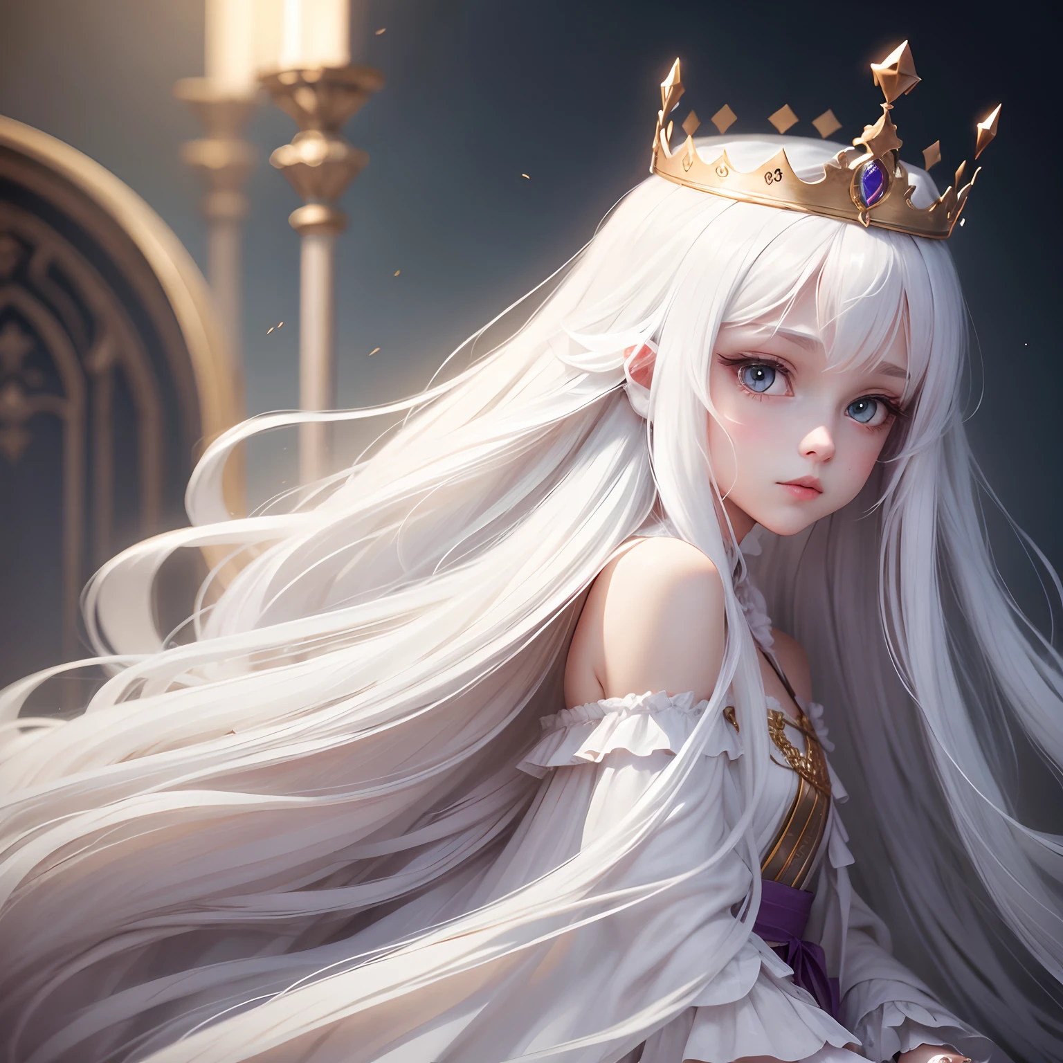long white hair,Wearing a crown,A princess,Noble but cute --auto