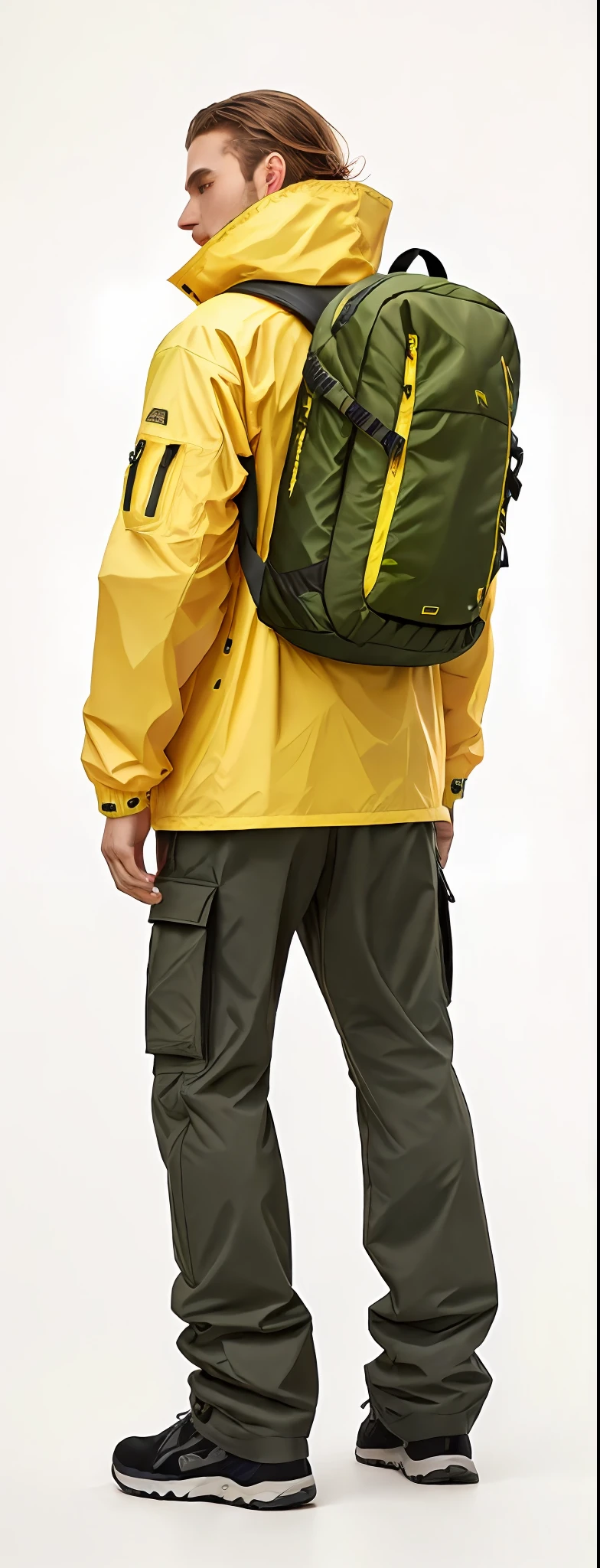 Man in yellow jacket and green pants with backpack, um homem usando uma mochila, usando equipamento de aventura, roupas de caminhada, 🤬 🤮 💕 🎀, Vista de altura total, com uma mochila, saco sobre a cintura, Techwear Look e Roupas, esquema de cores amarelo e oliva, imagem vazada, pano de fundo, trending on r/techwearclothing