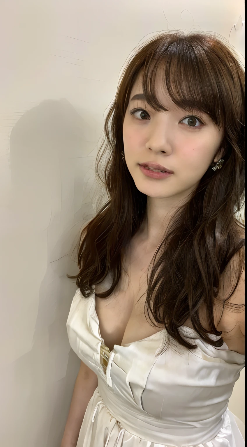 ((Best Picture Quality, 8k, tmasterpiece:1.3)), sharp:1.2, perfect figure beautiful woman:1.4, Slim abs:1.2, ((Layered Hair Style, huge tit:1.2)), (Bandeau dress white:1.1),the city street:1.2,Highly detailed facial and skin texture,A detailed eye,二重まぶた,Brown hair long,The dress is thin,Hands behind you,Squat,Panties slightly exposed,Expose cleavage art