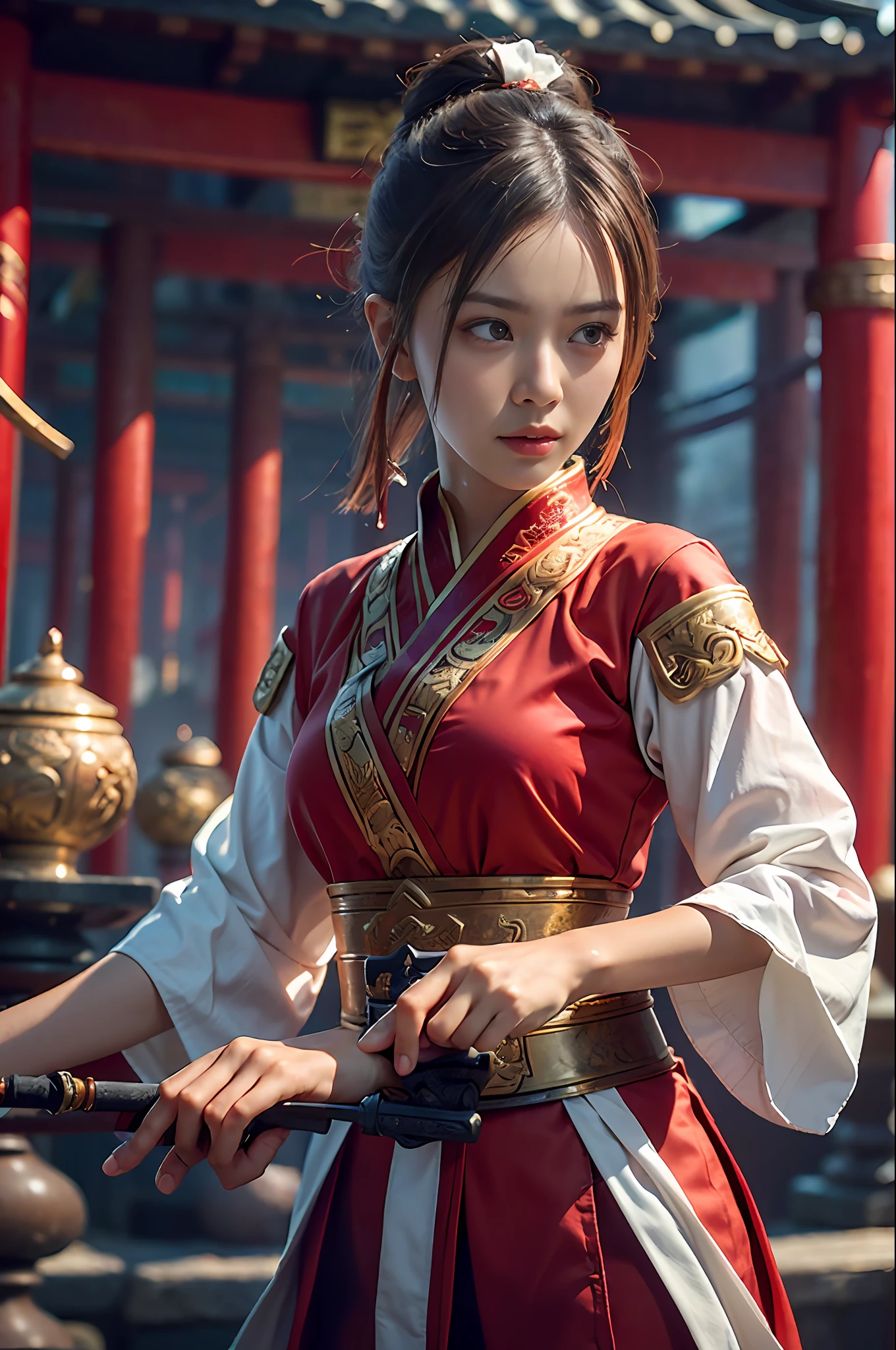 Best Quality, Masterpiece, Ultra High Resolution, (Realistic: 1.4), Xiuxian, Weapon, Detail Face,
1 girl, red clothes, solo, weapon, (magic circle: 1.2), Xiuxian, upper body, beautiful girl, half, East Asian architecture, sheath, construction,