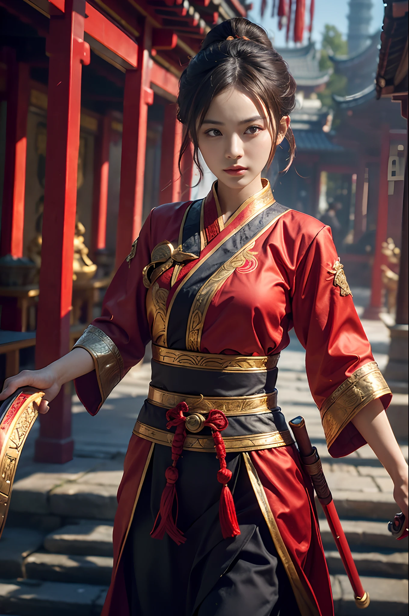 Best Quality, Masterpiece, Ultra High Resolution, (Realistic: 1.4), Xiuxian, Weapon, Detail Face,
1 girl, red clothes, solo, weapon, (magic circle: 1.2), Xiuxian, upper body, beautiful girl, half, East Asian architecture, sheath, construction,