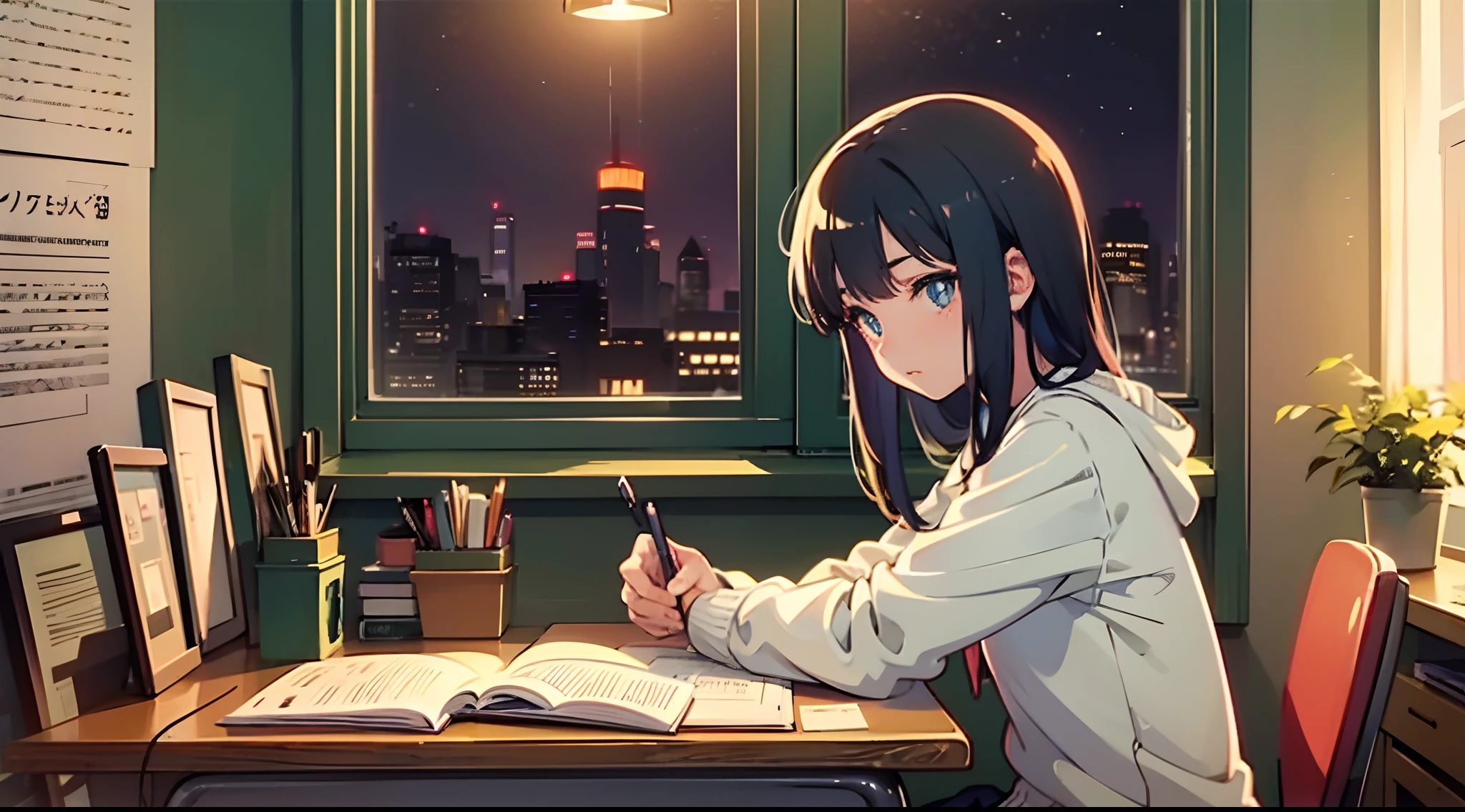 lofi girl studying at her desk, anime, warm lighting, cozy, night --auto --s2
