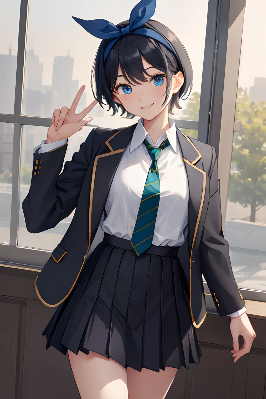 masterpiece, best quality, highres, 1girl, solo, skirt, jacket, shirt, blue eyes, white shirt, necktie, green necktie, black hair, pleated skirt, socks, diagonal-striped necktie, open jacket, open clothes, striped necktie, collared shirt, black jacket, black skirt, striped, blazer, short hair, long sleeves, bangs, school uniform, black socks, diagonal stripes, hairband, hair ribbon, ribbon, blue hairband, dress shirt, bow,  cowboy shot, smile,