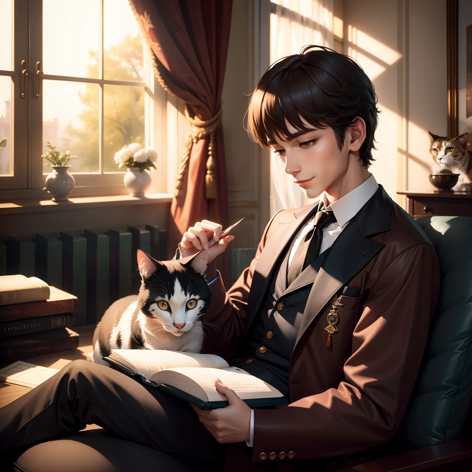 tmasterpiece， High- sharpness， Best quality at best，1boy， ssmile， petting a cat，read book