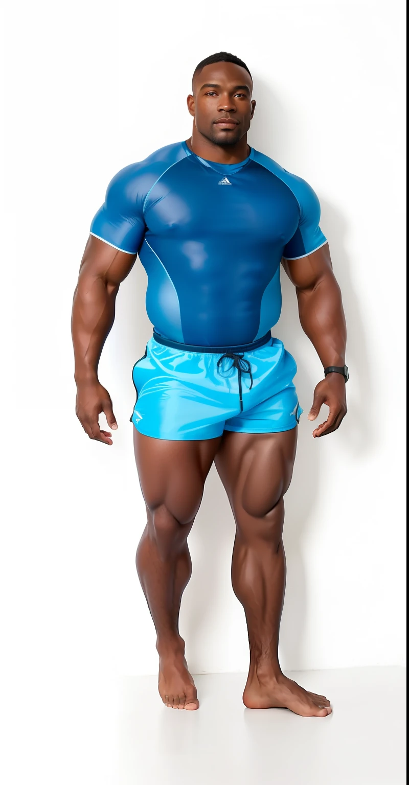 Masterpiece, black man, muscular, 35 years old, wearing a deep blue top Lycra swimming gear, baby blue short shorts, tan and shinny skin, no shoes, swimming teacher