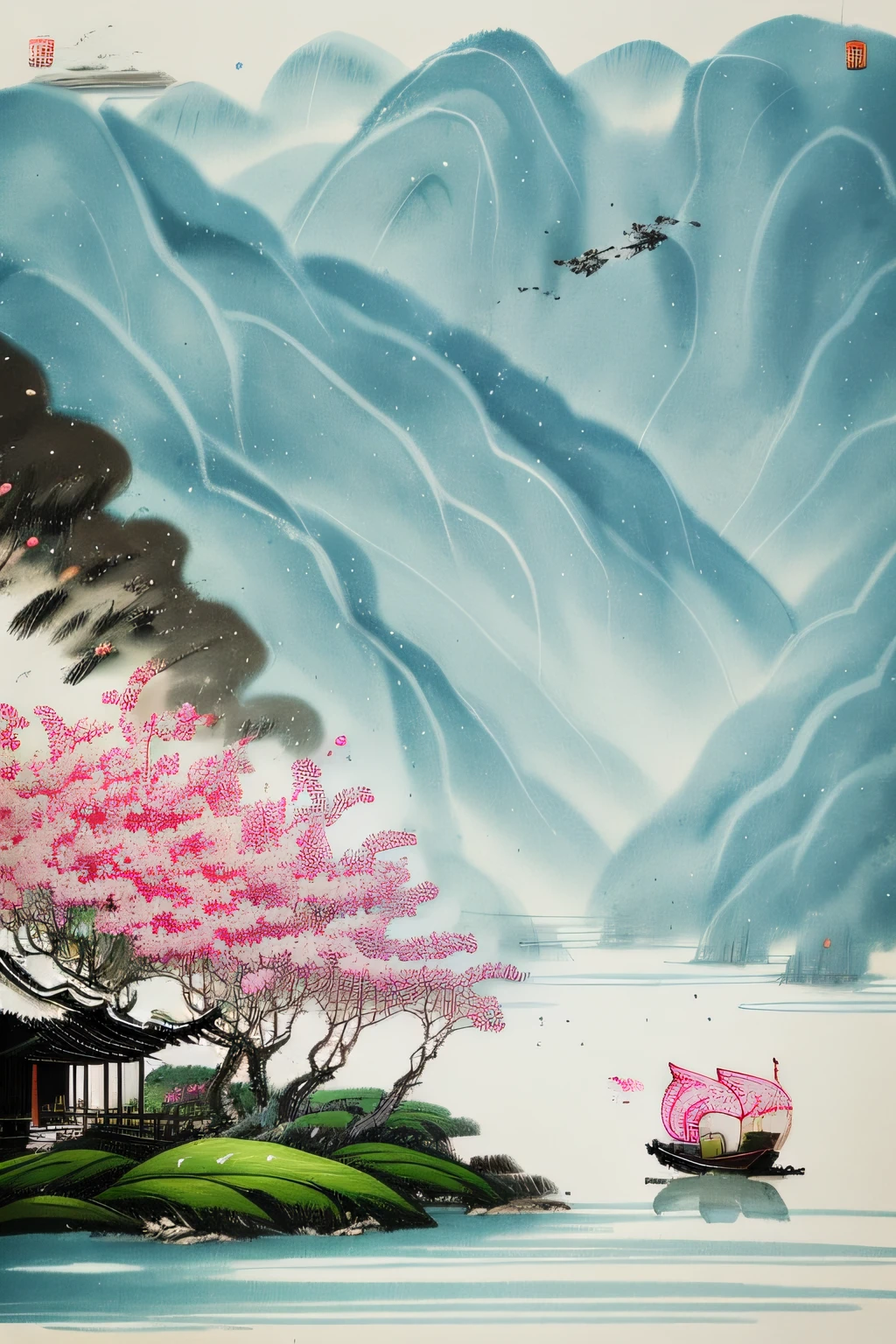 Men and women on board wear pink dresses, Fairy tale style background, xianxia fantasy, Chinese fantasy, Chinese style painting, Flat wind,Simple style,Chinese watercolor style, Tang Yin inspiration, a beautiful artwork illustration, Qixi Festival, Chinese painting style, A cena mais bonita。