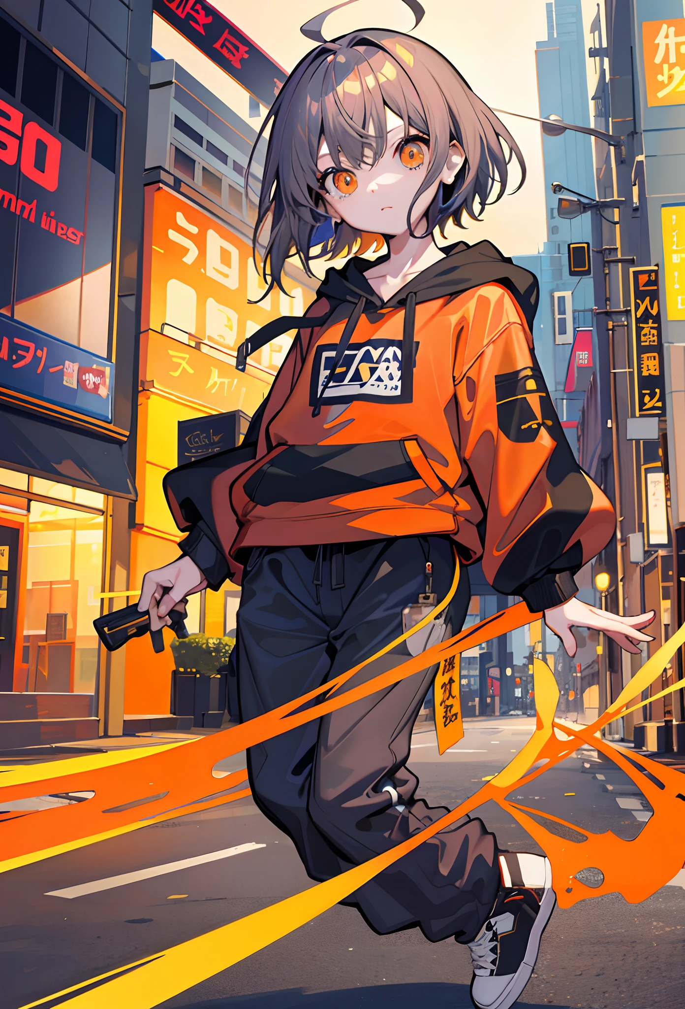​masterpiece、Flat background、without background、full body Esbian、is standing、女の子1人、独奏、cute little、Oversized Orange Hoodie、tshirts、7-minute length pants、50mm portrait、Delicate facial features、semi - realistic、foco nítido、The ultra-detailliert、absurderes、depth of fields、neons