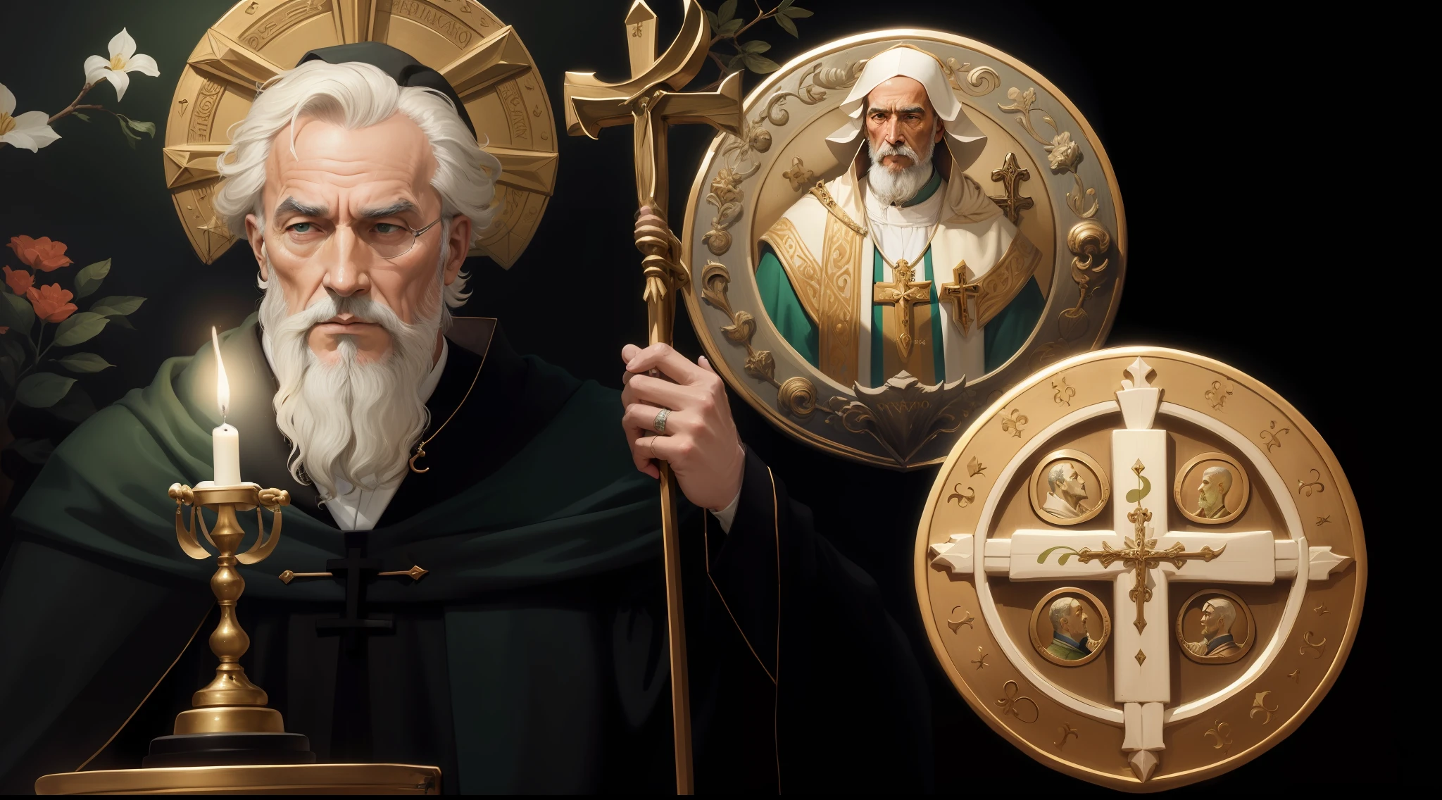 Imagem de uma pintura de um padre segurando uma vela, inspirado em Ed Benedict, Santo ortodoxo, vestindo vestes verde-escuras, christian saint, christian saint rosace, santo, portrait of saint of the pit, Santo de ouro bonito, iconografia, em vestes escuras com detalhes dourados, inspired by Nicomachus of Thebes, iconografia sagrada