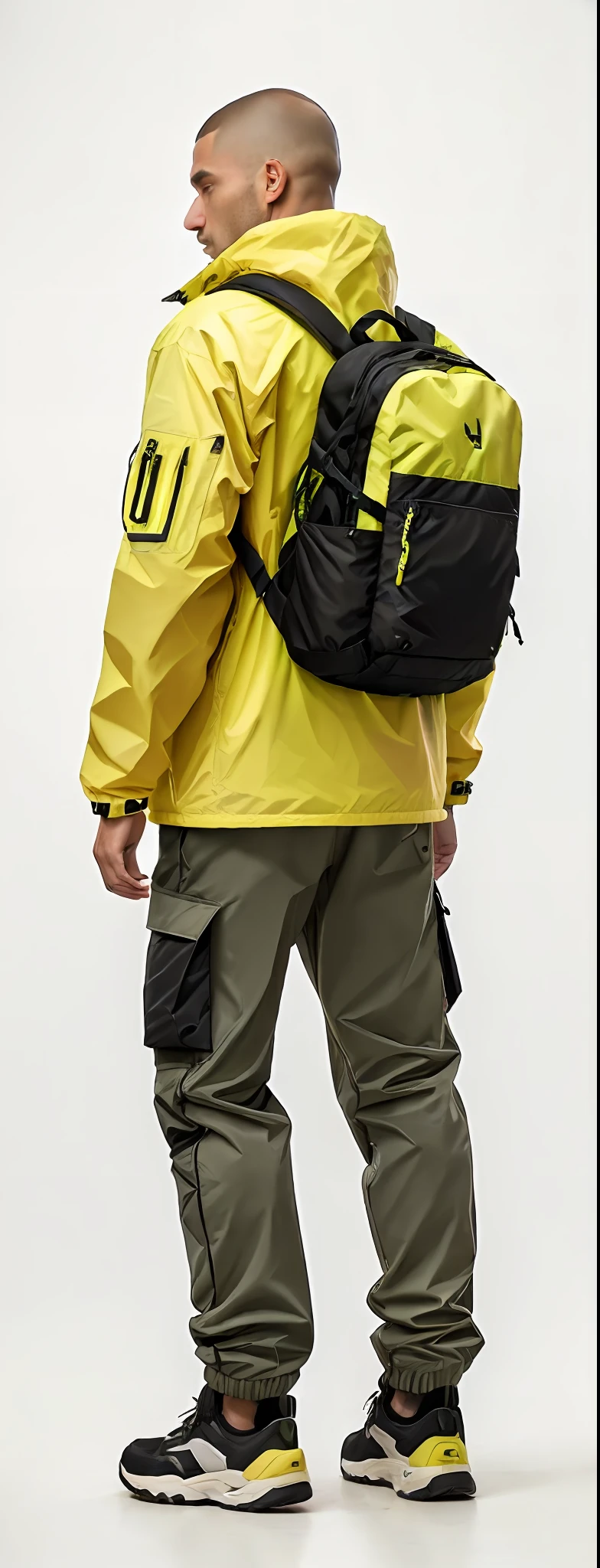 Man in yellow jacket and green pants with backpack, um homem usando uma mochila, usando equipamento de aventura, roupas de caminhada, 🤬 🤮 💕 🎀, Vista de altura total, com uma mochila, saco sobre a cintura, Techwear Look e Roupas, esquema de cores amarelo e oliva, imagem vazada, pano de fundo, trending on r/techwearclothing