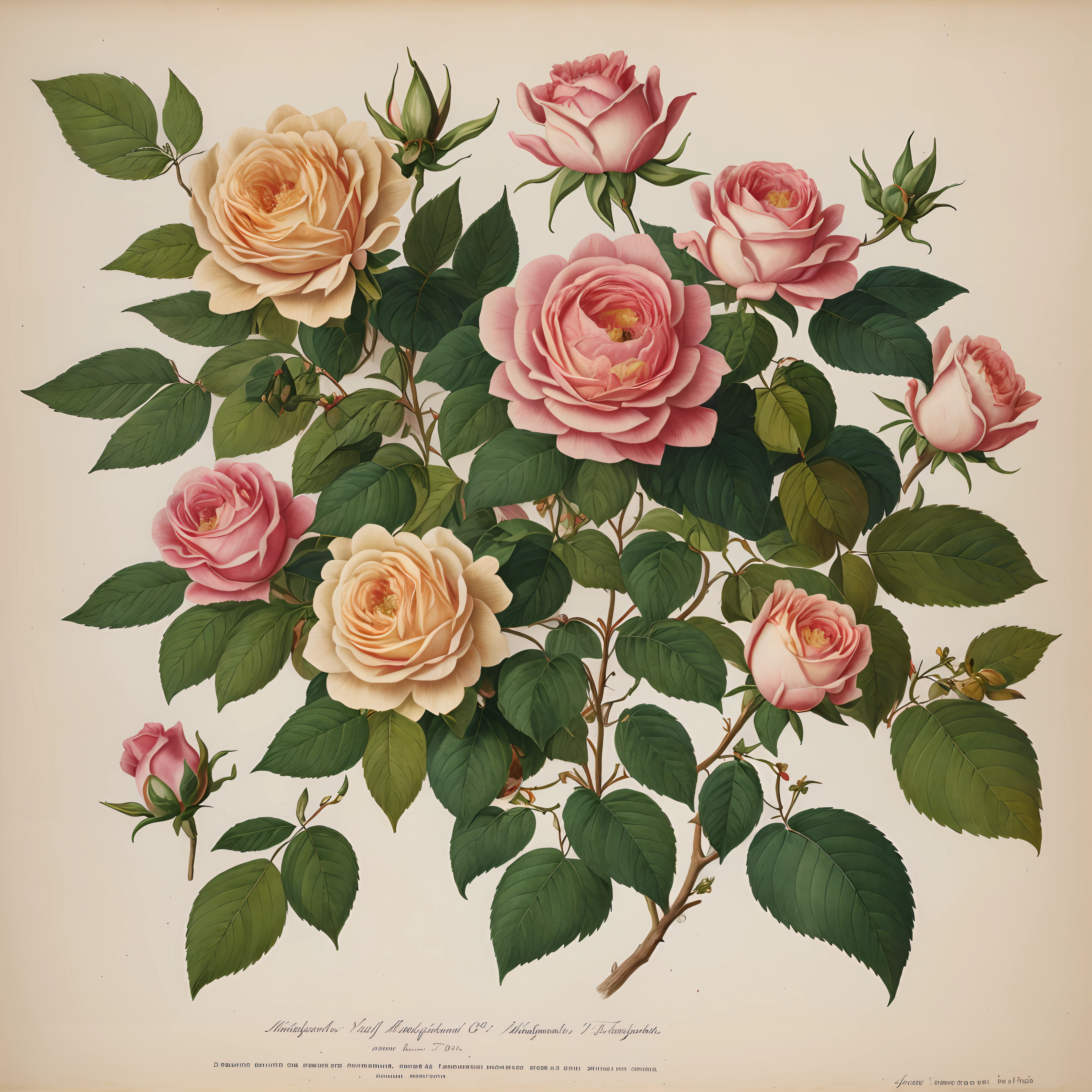 (best quality:1.2), (detailed:1.2), (masterpiece:1.2), vintage botanical illustrations of Larger Provence Rose (1770 1775) in high resolution by John Edwards
